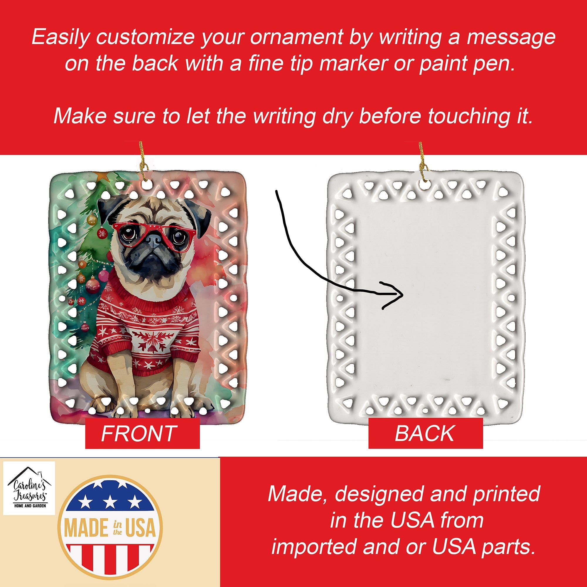 Pug Christmas Porcelain Ornament Christmas Tree Hanging Decorations for Home Christmas Holiday, Rectangle, Gift, Multicolor