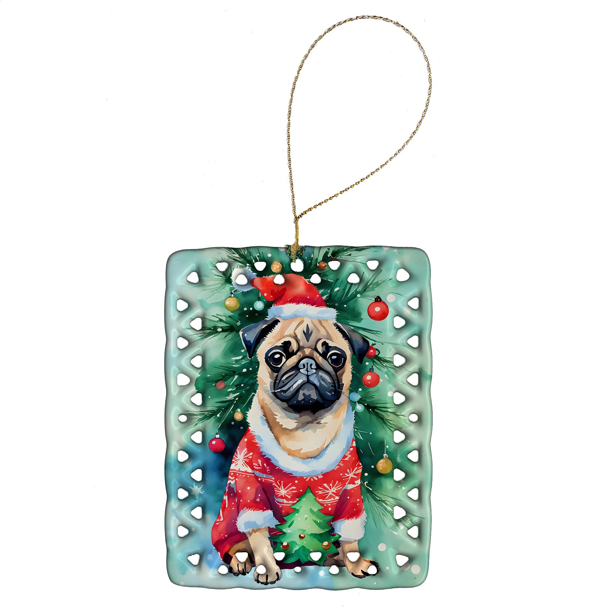 Pug Christmas Porcelain Ornament Christmas Tree Hanging Decorations for Home Christmas Holiday, Rectangle, Gift, Multicolor