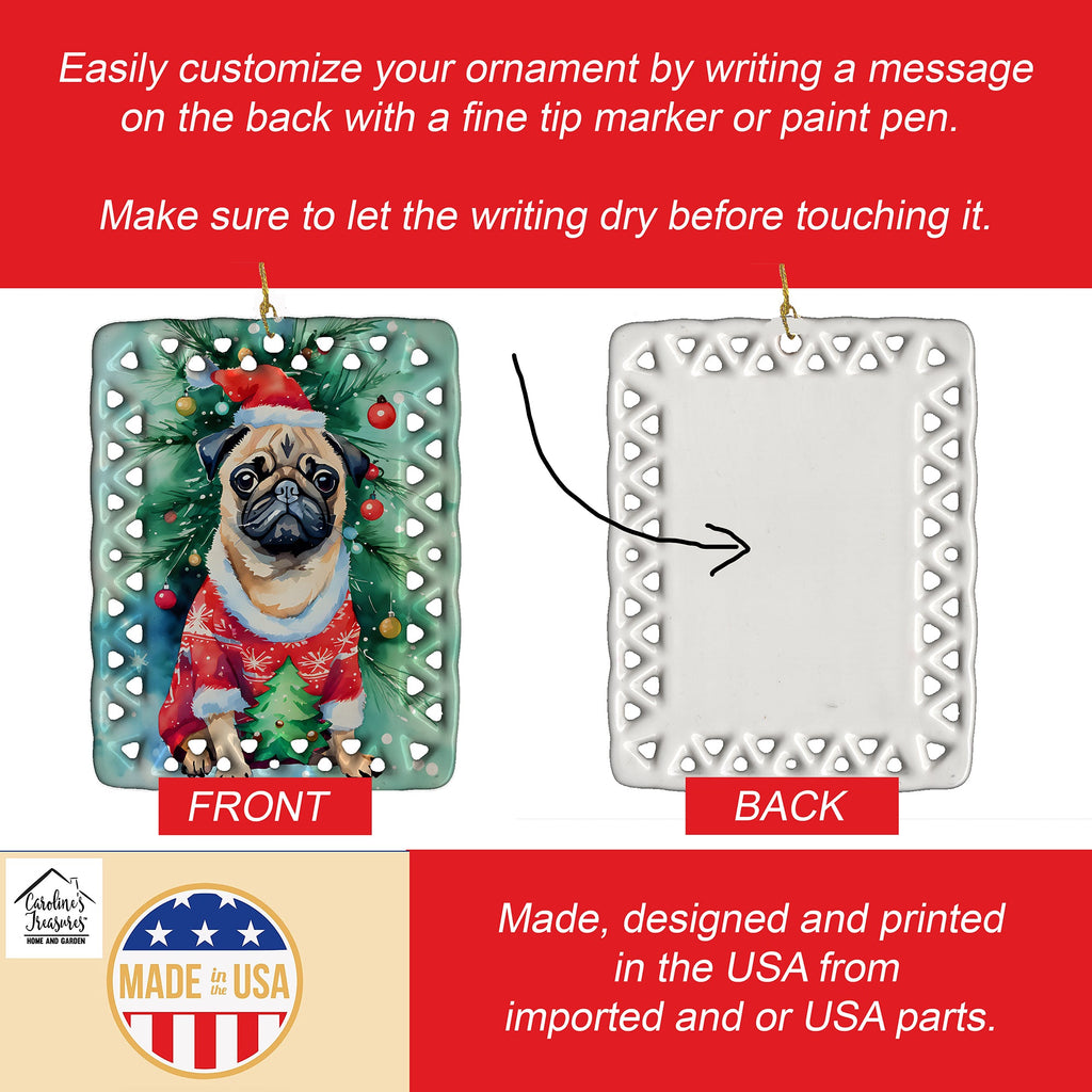 Pug Christmas Porcelain Ornament Christmas Tree Hanging Decorations for Home Christmas Holiday, Rectangle, Gift, Multicolor
