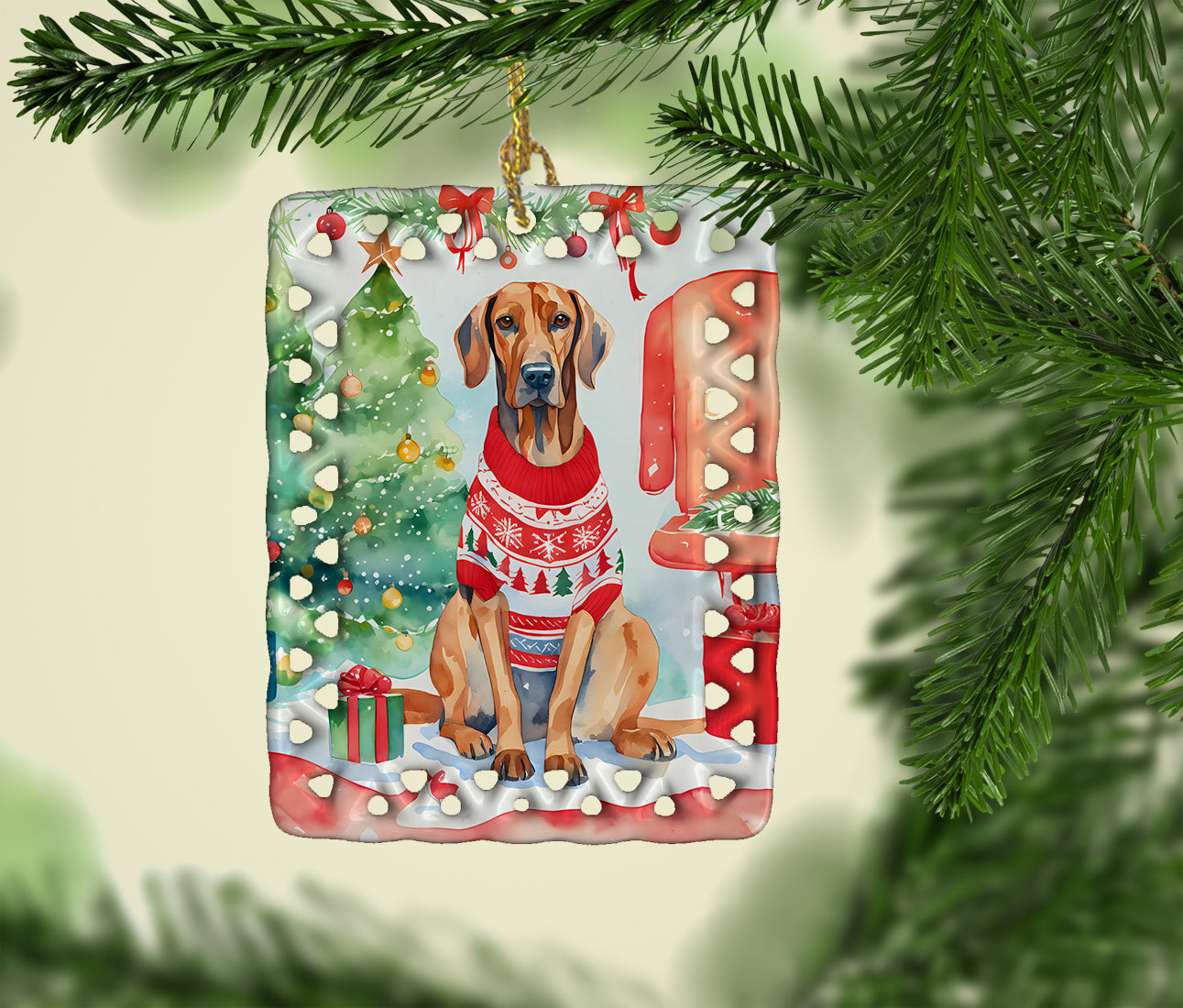 Redbone Coonhound Christmas Porcelain Ornament Christmas Tree Hanging Decorations for Home Christmas Holiday, Rectangle, Gift, Multicolor