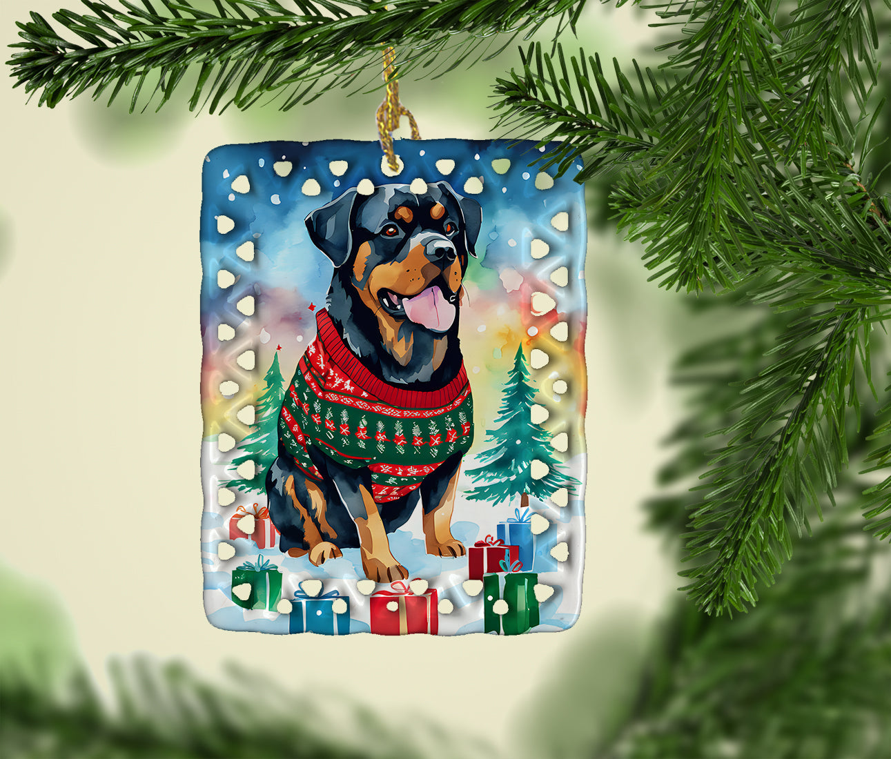 Rottweiler Christmas Porcelain Ornament Christmas Tree Hanging Decorations for Home Christmas Holiday, Rectangle, Gift, Multicolor