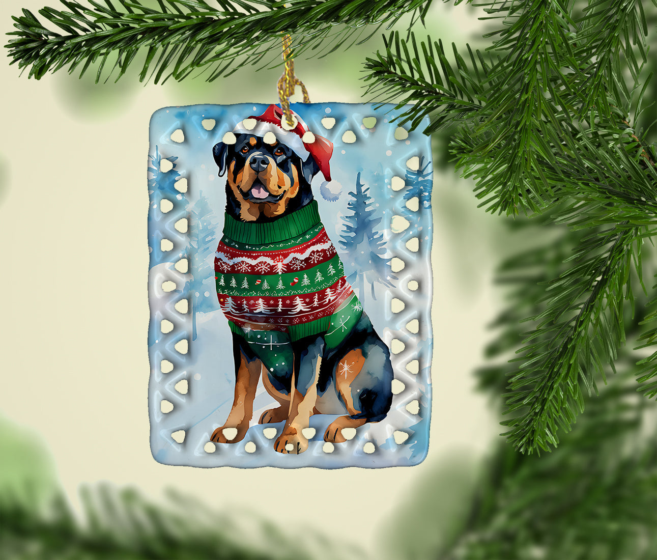 Rottweiler Christmas Porcelain Ornament Christmas Tree Hanging Decorations for Home Christmas Holiday, Rectangle, Gift, Multicolor