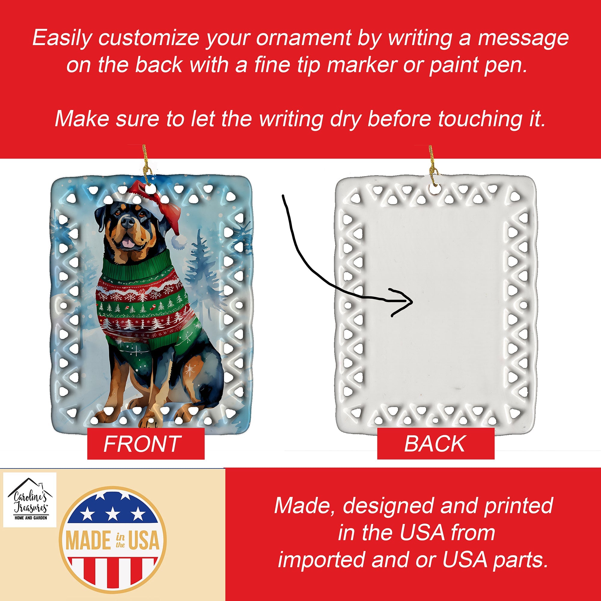 Rottweiler Christmas Porcelain Ornament Christmas Tree Hanging Decorations for Home Christmas Holiday, Rectangle, Gift, Multicolor
