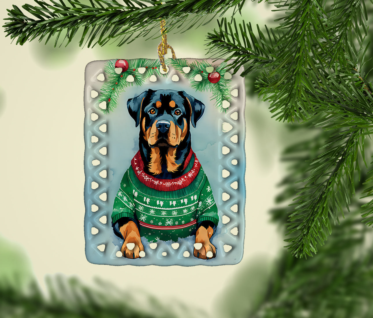 Rottweiler Christmas Porcelain Ornament Christmas Tree Hanging Decorations for Home Christmas Holiday, Rectangle, Gift, Multicolor