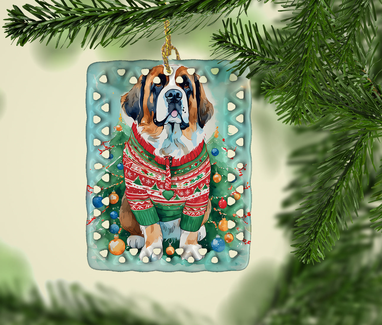Saint Bernard Christmas Porcelain Ornament Christmas Tree Hanging Decorations for Home Christmas Holiday, Rectangle, Gift, Multicolor