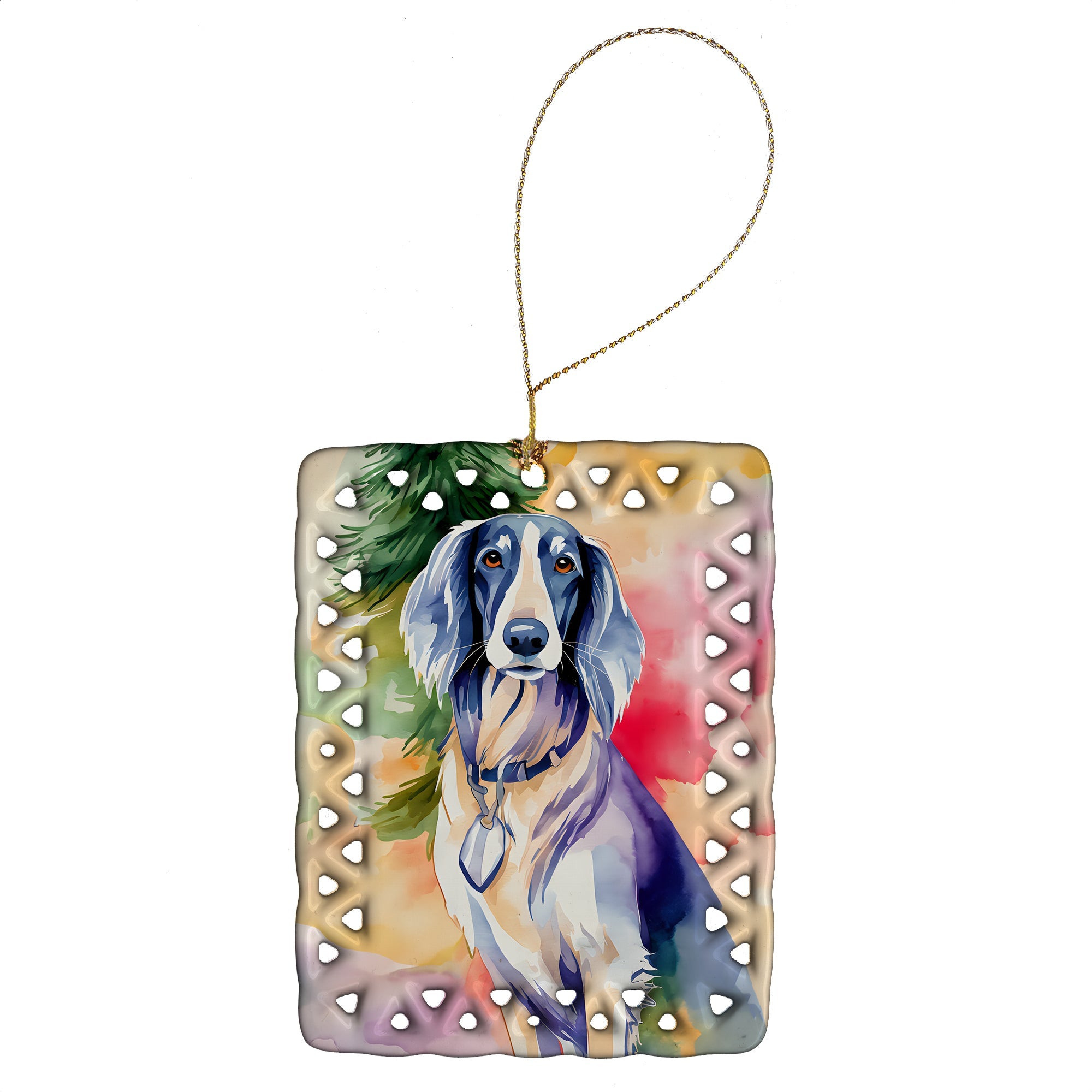Saluki Christmas Porcelain Ornament Christmas Tree Hanging Decorations for Home Christmas Holiday, Rectangle, Gift, Multicolor