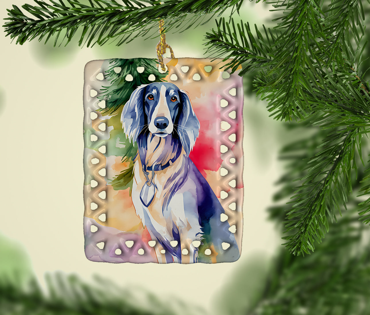 Saluki Christmas Porcelain Ornament Christmas Tree Hanging Decorations for Home Christmas Holiday, Rectangle, Gift, Multicolor