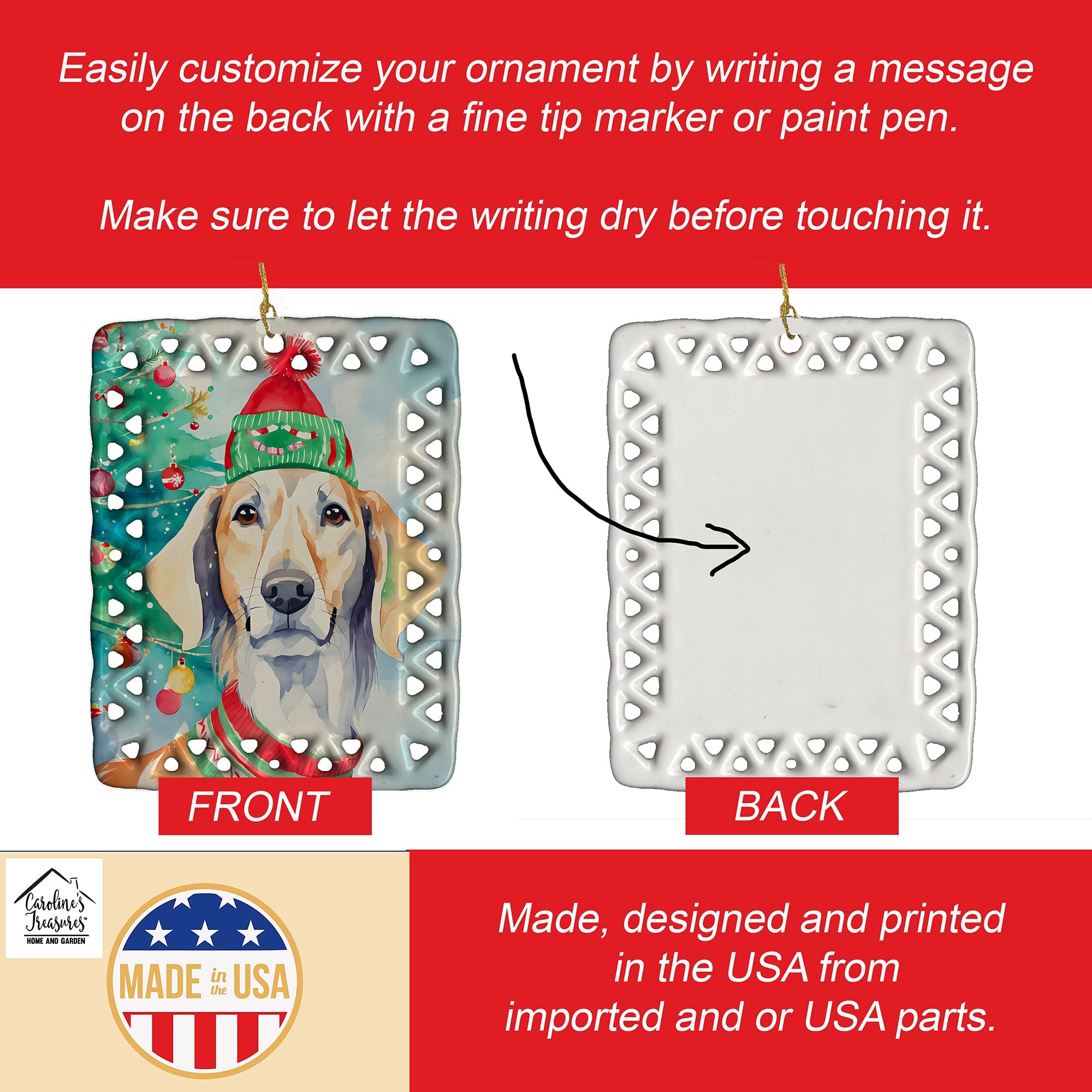 Saluki Christmas Porcelain Ornament Christmas Tree Hanging Decorations for Home Christmas Holiday, Rectangle, Gift, Multicolor