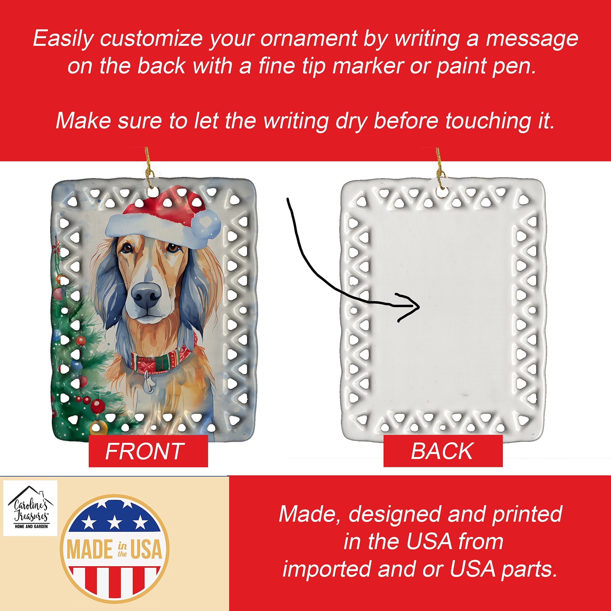 Saluki Christmas Porcelain Ornament Christmas Tree Hanging Decorations for Home Christmas Holiday, Rectangle, Gift, Multicolor