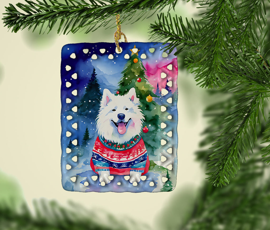 Samoyed Christmas Porcelain Ornament Christmas Tree Hanging Decorations for Home Christmas Holiday, Rectangle, Gift, Multicolor