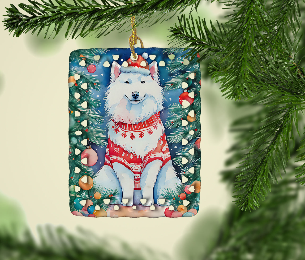 Samoyed Christmas Porcelain Ornament Christmas Tree Hanging Decorations for Home Christmas Holiday, Rectangle, Gift, Multicolor