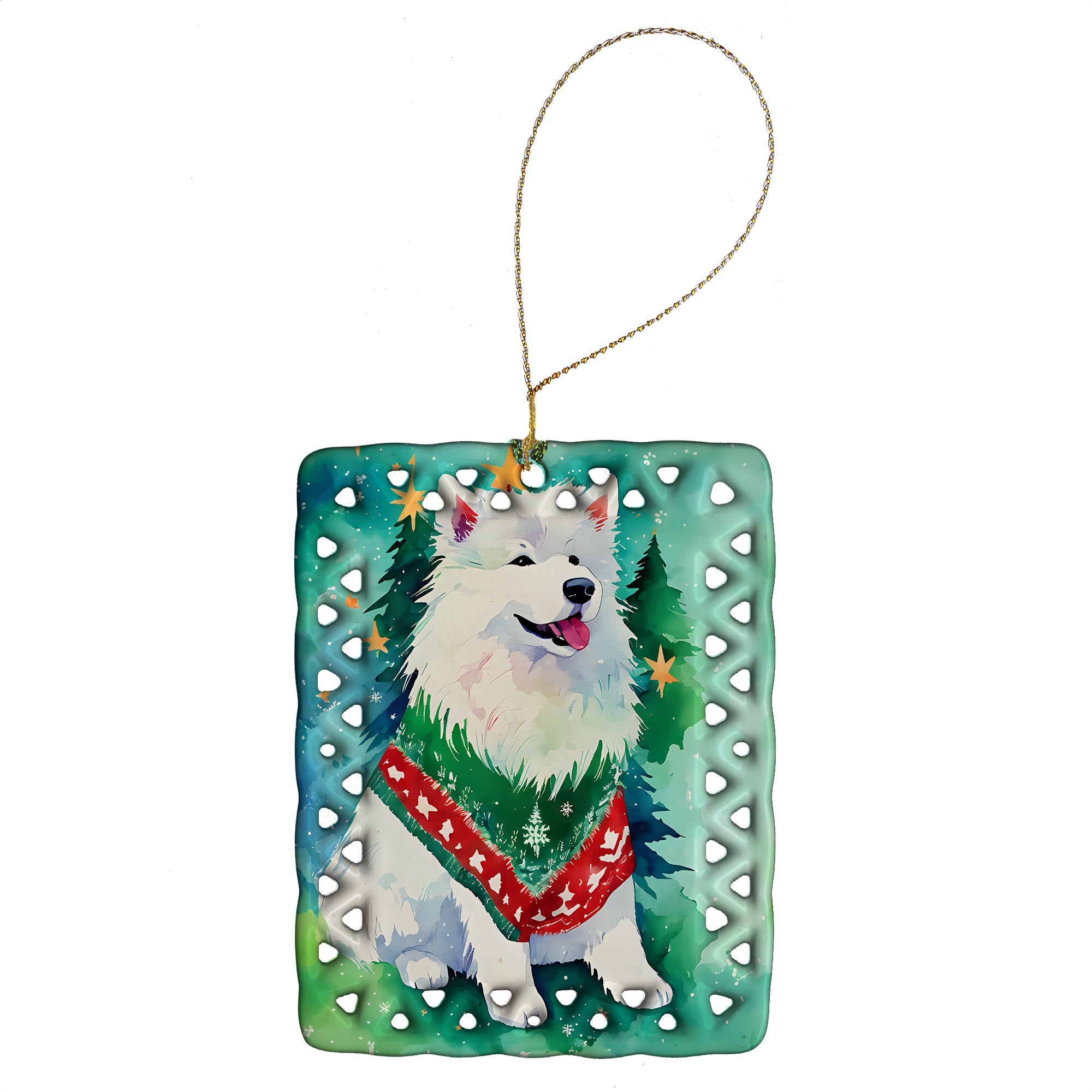 Samoyed Christmas Porcelain Ornament Christmas Tree Hanging Decorations for Home Christmas Holiday, Rectangle, Gift, Multicolor