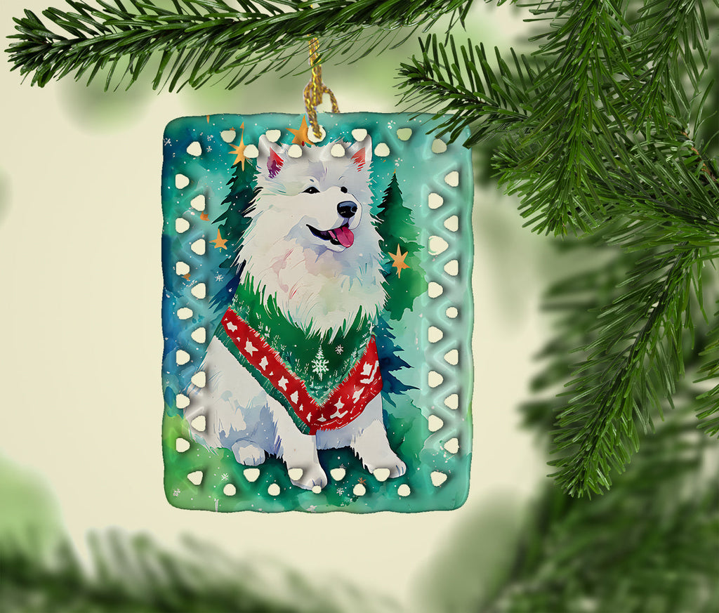 Samoyed Christmas Porcelain Ornament Christmas Tree Hanging Decorations for Home Christmas Holiday, Rectangle, Gift, Multicolor