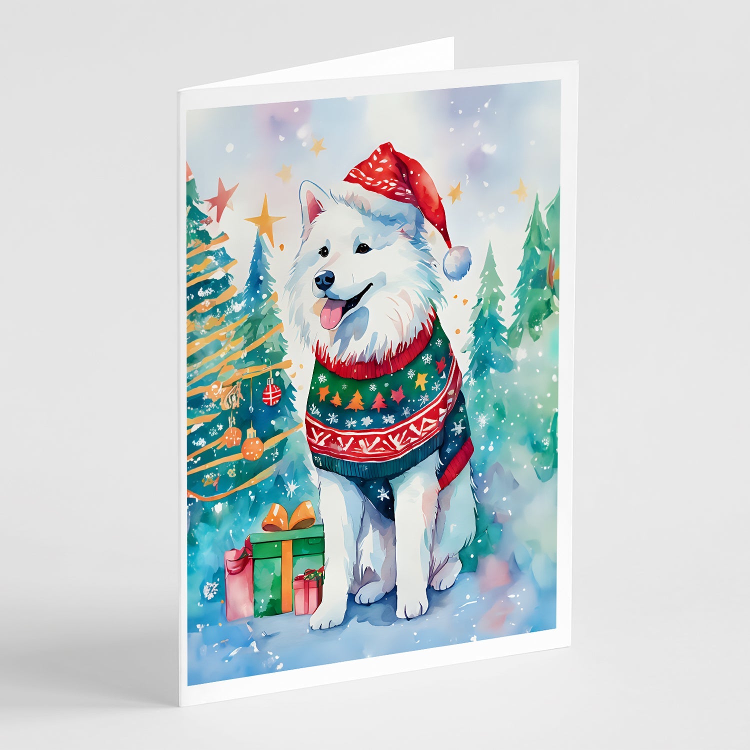 Samoyed Christmas Greeting Cards Pack of 8 Blank Cards with Envelopes Whimsical A7 Size 5x7