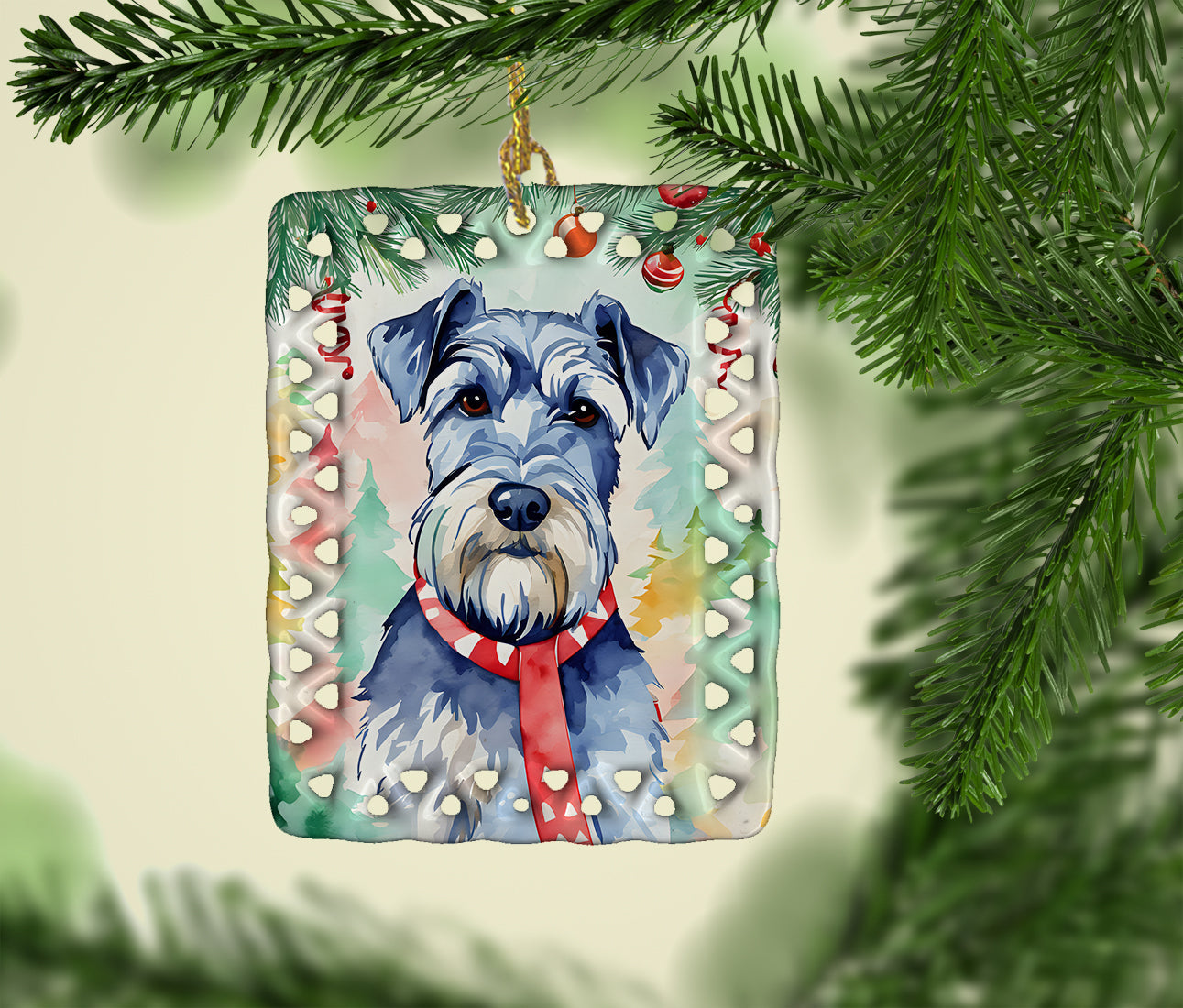Schnauzer Christmas Porcelain Ornament Christmas Tree Hanging Decorations for Home Christmas Holiday, Rectangle, Gift, Multicolor
