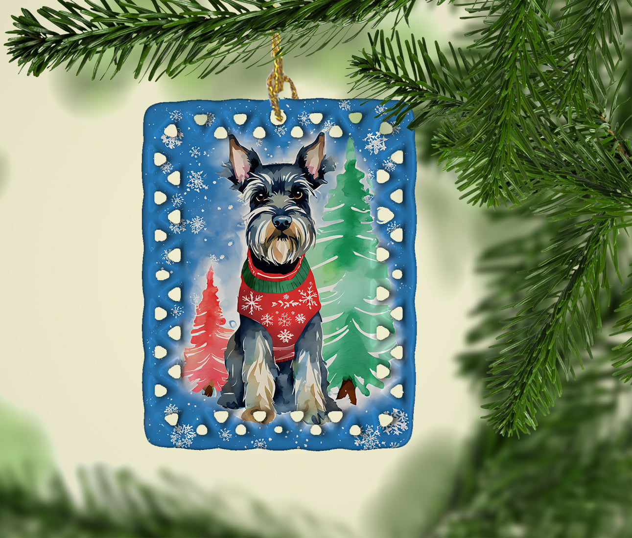 Schnauzer Christmas Porcelain Ornament Christmas Tree Hanging Decorations for Home Christmas Holiday, Rectangle, Gift, Multicolor
