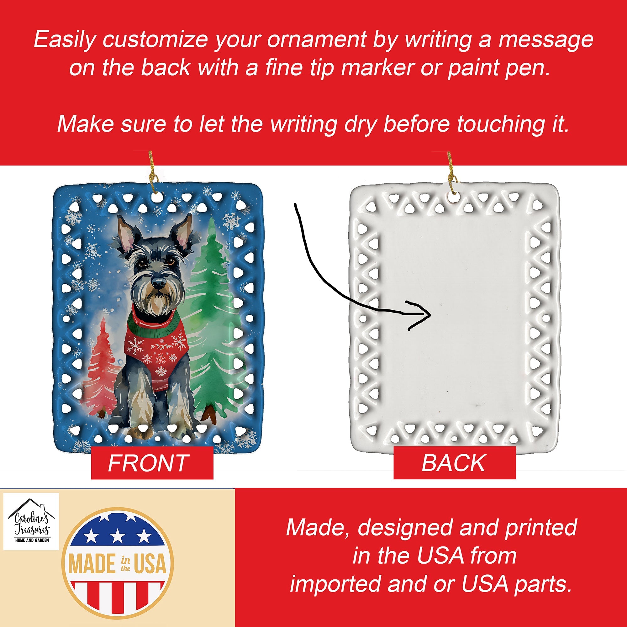 Schnauzer Christmas Porcelain Ornament Christmas Tree Hanging Decorations for Home Christmas Holiday, Rectangle, Gift, Multicolor