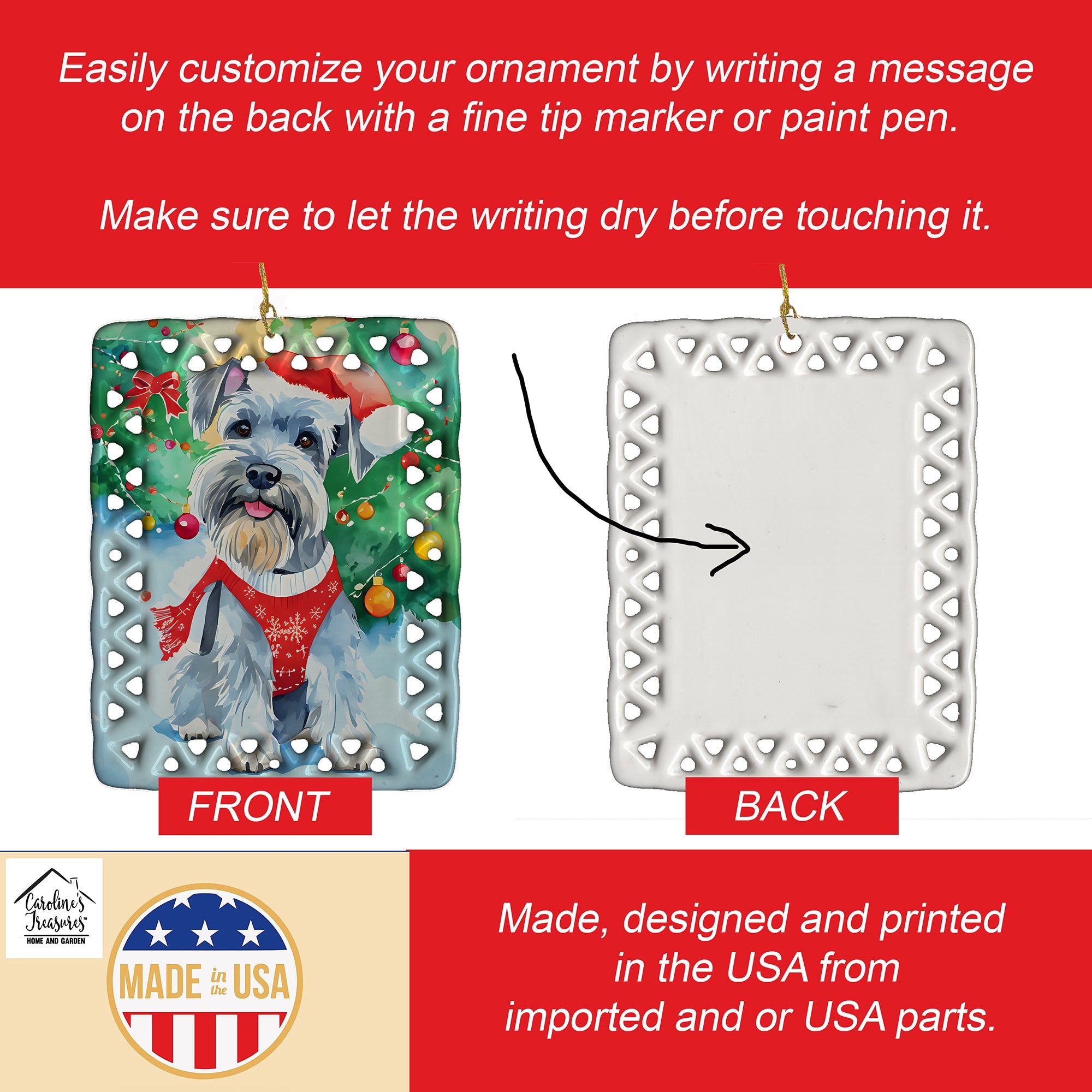 Schnauzer Christmas Porcelain Ornament Christmas Tree Hanging Decorations for Home Christmas Holiday, Rectangle, Gift, Multicolor