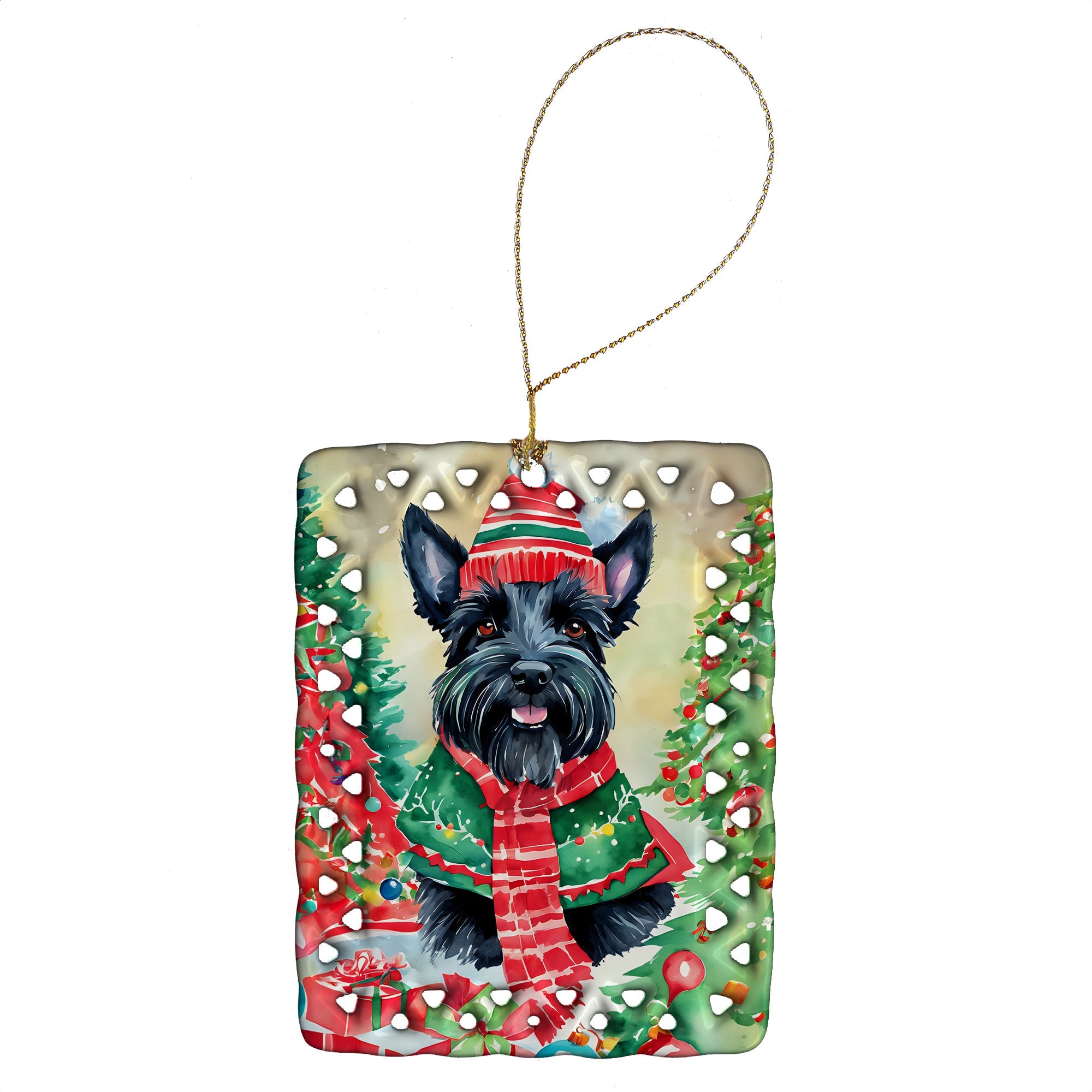 Scottish Terrier Christmas Porcelain Ornament Christmas Tree Hanging Decorations for Home Christmas Holiday, Rectangle, Gift, Multicolor
