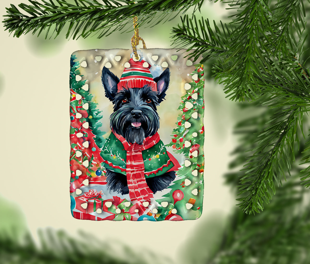 Scottish Terrier Christmas Porcelain Ornament Christmas Tree Hanging Decorations for Home Christmas Holiday, Rectangle, Gift, Multicolor