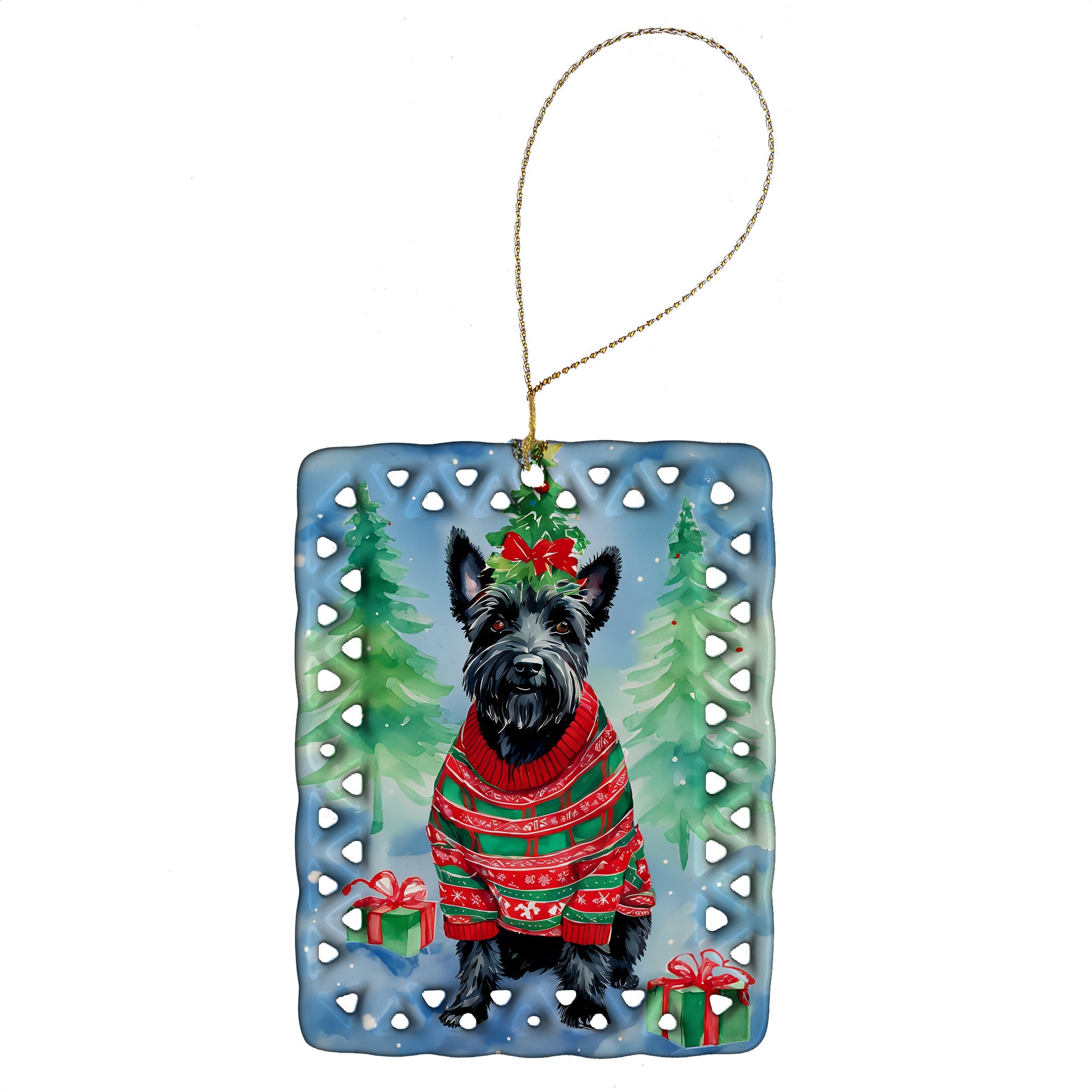 Scottish Terrier Christmas Porcelain Ornament Christmas Tree Hanging Decorations for Home Christmas Holiday, Rectangle, Gift, Multicolor