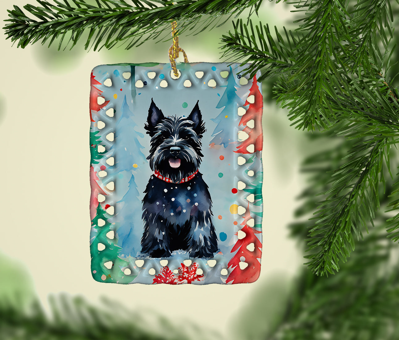 Scottish Terrier Christmas Porcelain Ornament Christmas Tree Hanging Decorations for Home Christmas Holiday, Rectangle, Gift, Multicolor