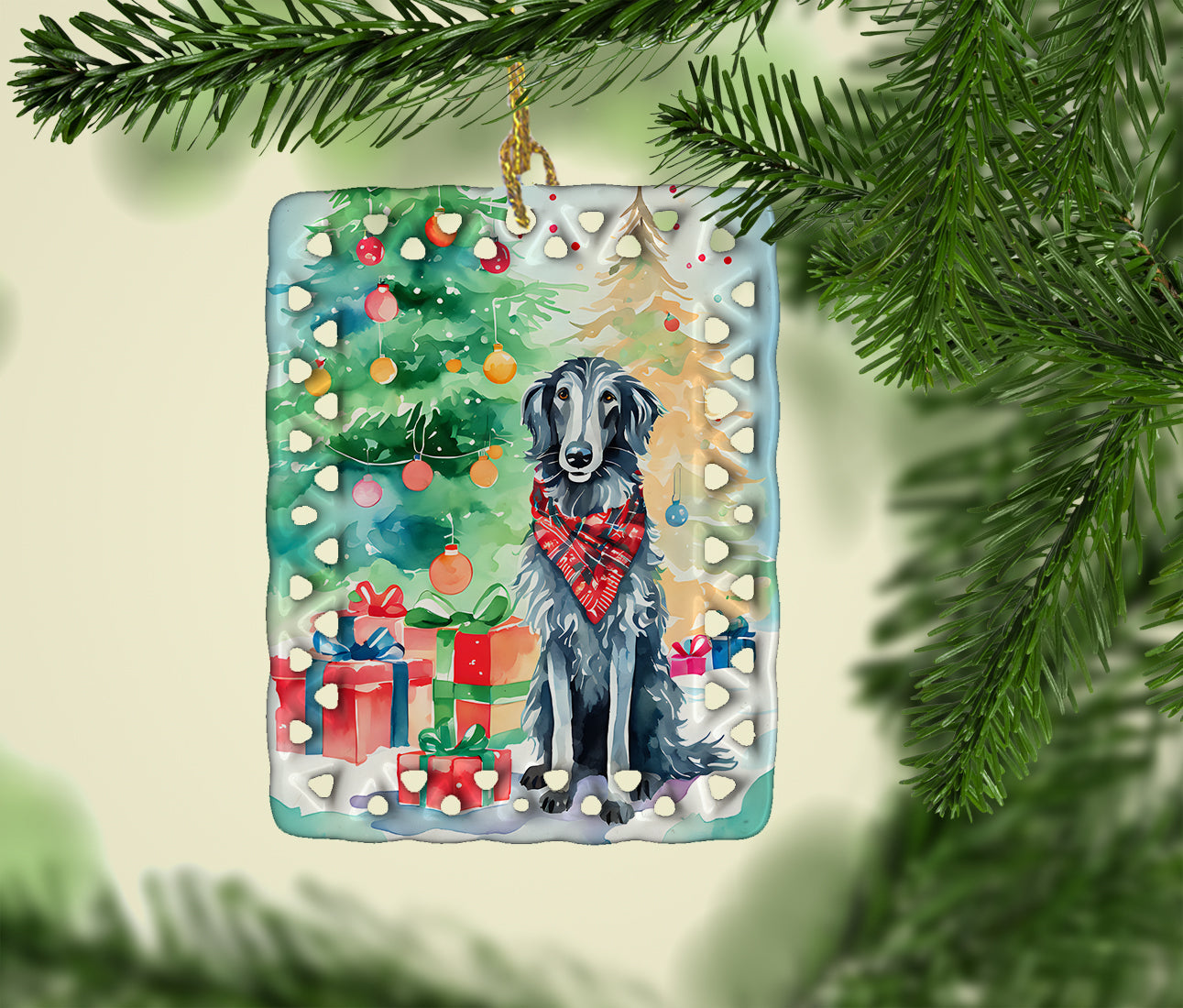 Scottish Deerhound Christmas Porcelain Ornament Christmas Tree Hanging Decorations for Home Christmas Holiday, Rectangle, Gift, Multicolor