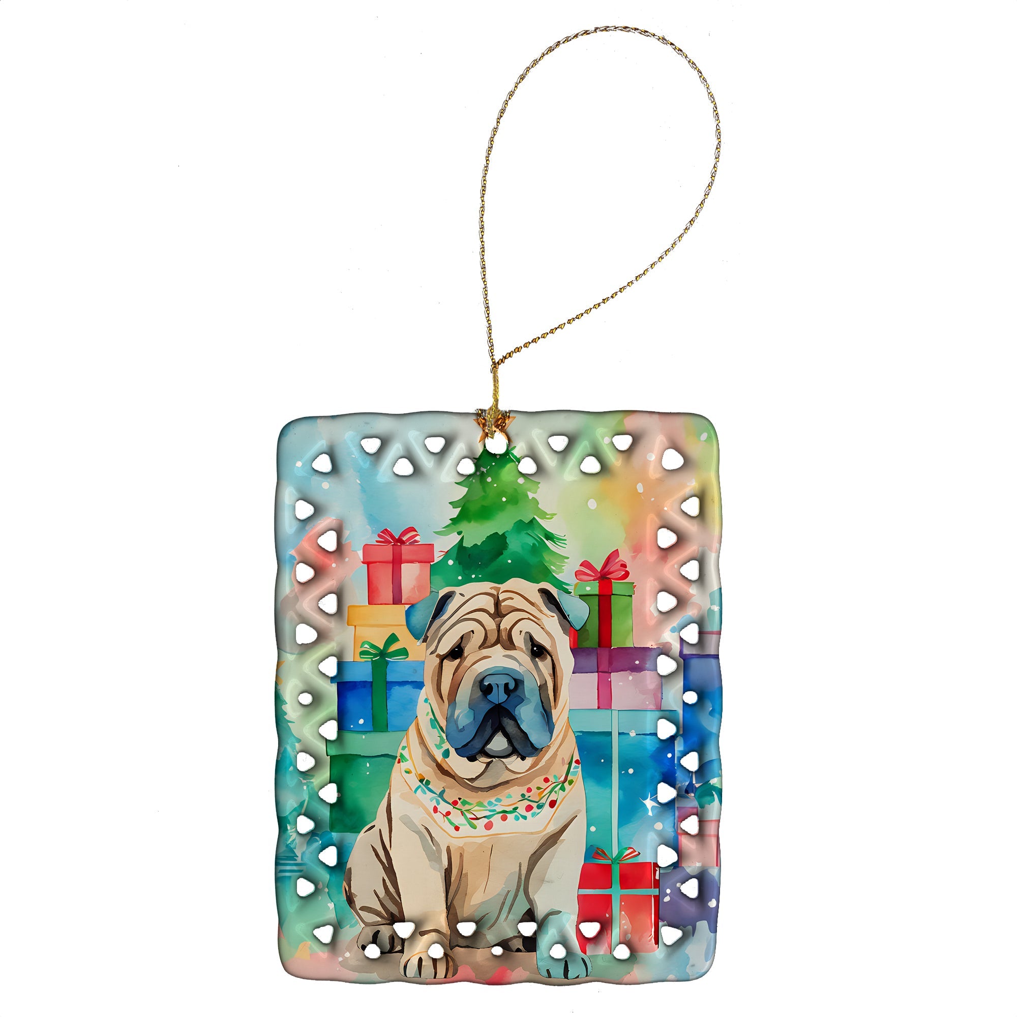 Shar Pei Christmas Porcelain Ornament Christmas Tree Hanging Decorations for Home Christmas Holiday, Rectangle, Gift, Multicolor