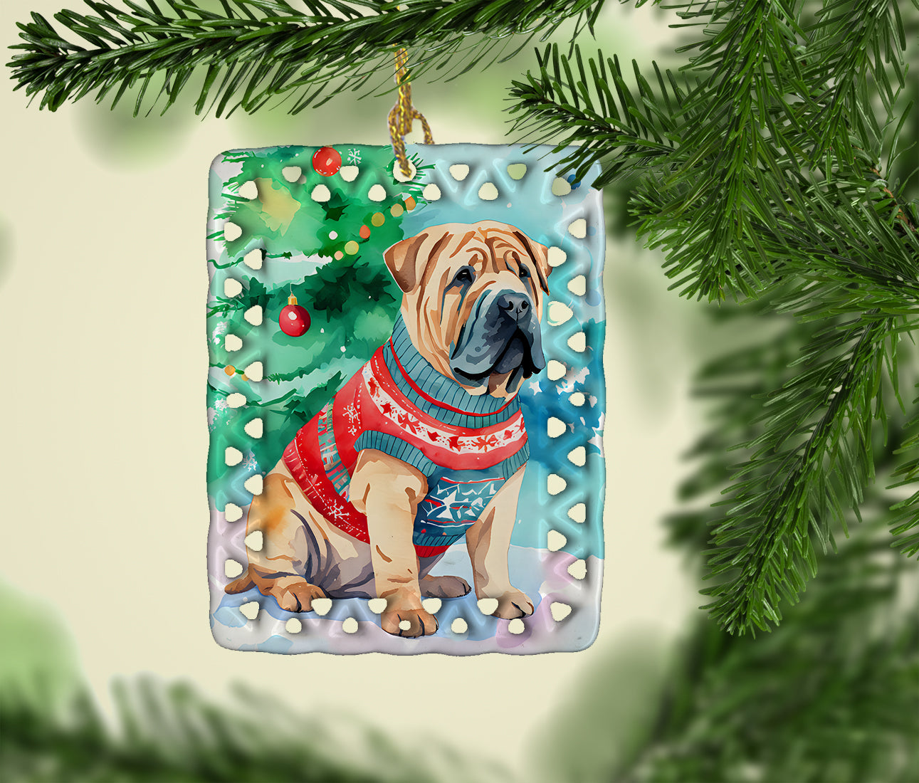 Shar Pei Christmas Porcelain Ornament Christmas Tree Hanging Decorations for Home Christmas Holiday, Rectangle, Gift, Multicolor