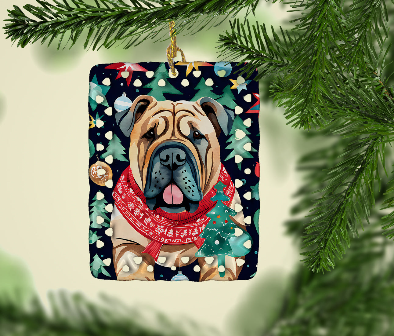 Shar Pei Christmas Porcelain Ornament Christmas Tree Hanging Decorations for Home Christmas Holiday, Rectangle, Gift, Multicolor