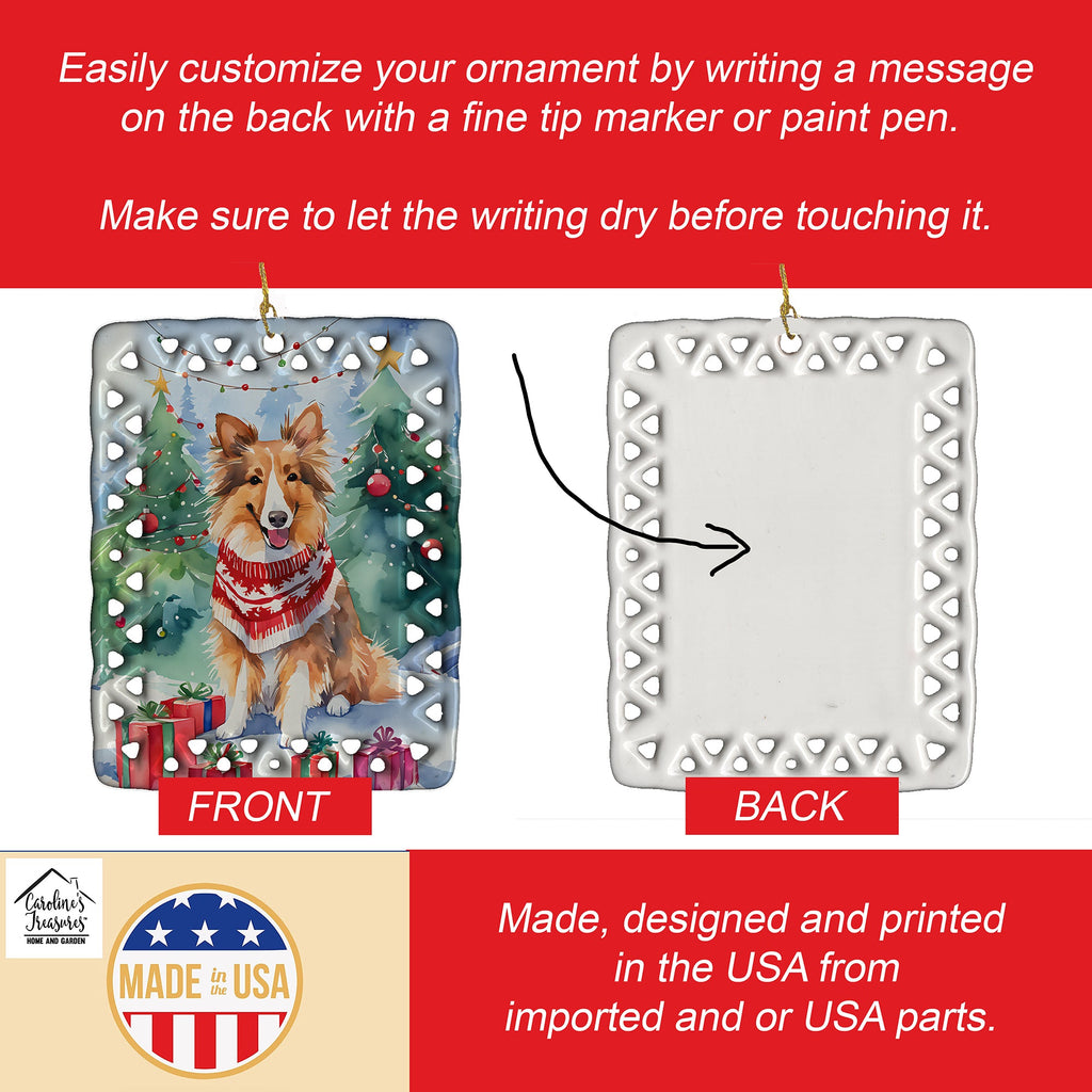 Sheltie Christmas Porcelain Ornament Christmas Tree Hanging Decorations for Home Christmas Holiday, Rectangle, Gift, Multicolor