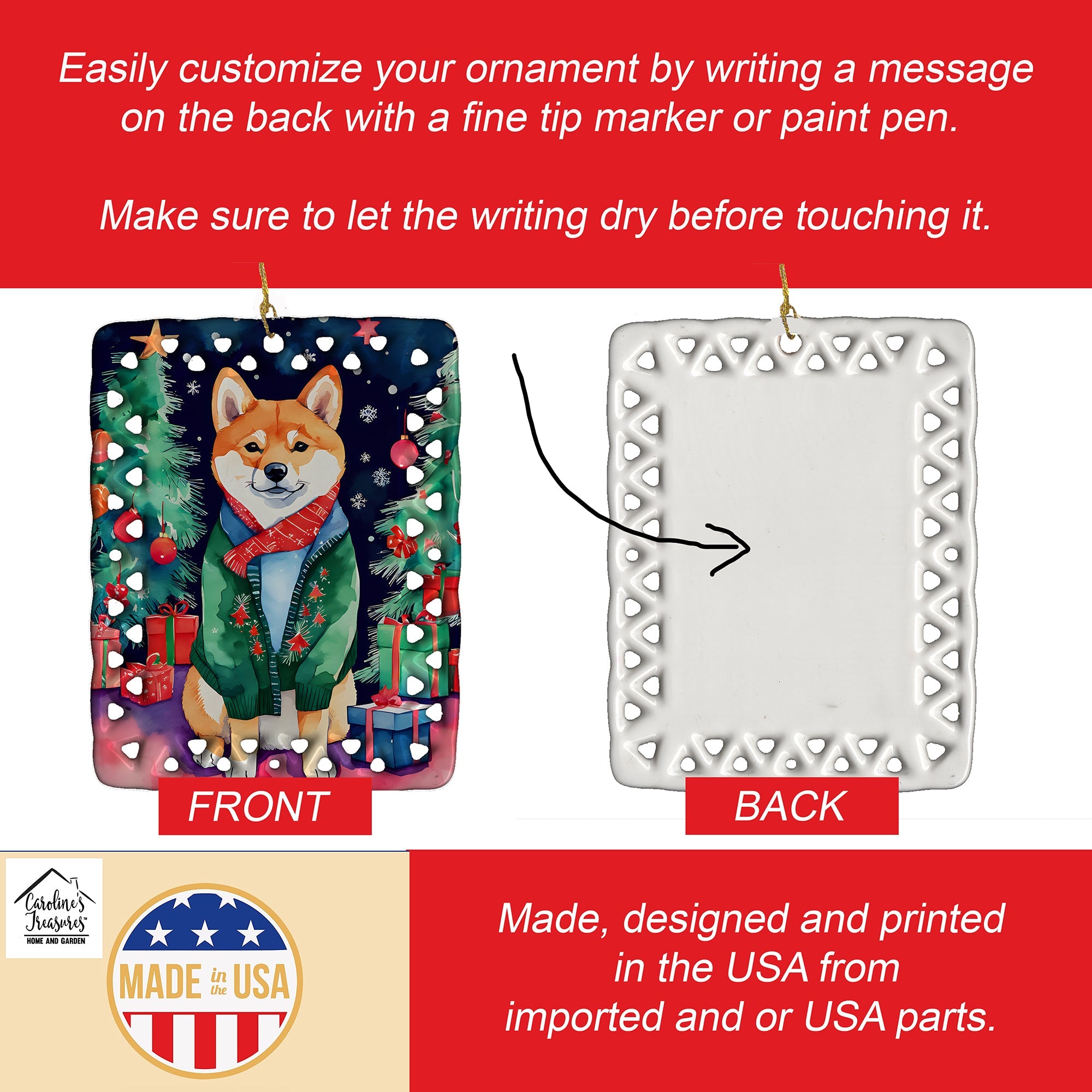 Shiba Inu Christmas Porcelain Ornament Christmas Tree Hanging Decorations for Home Christmas Holiday, Rectangle, Gift, Multicolor