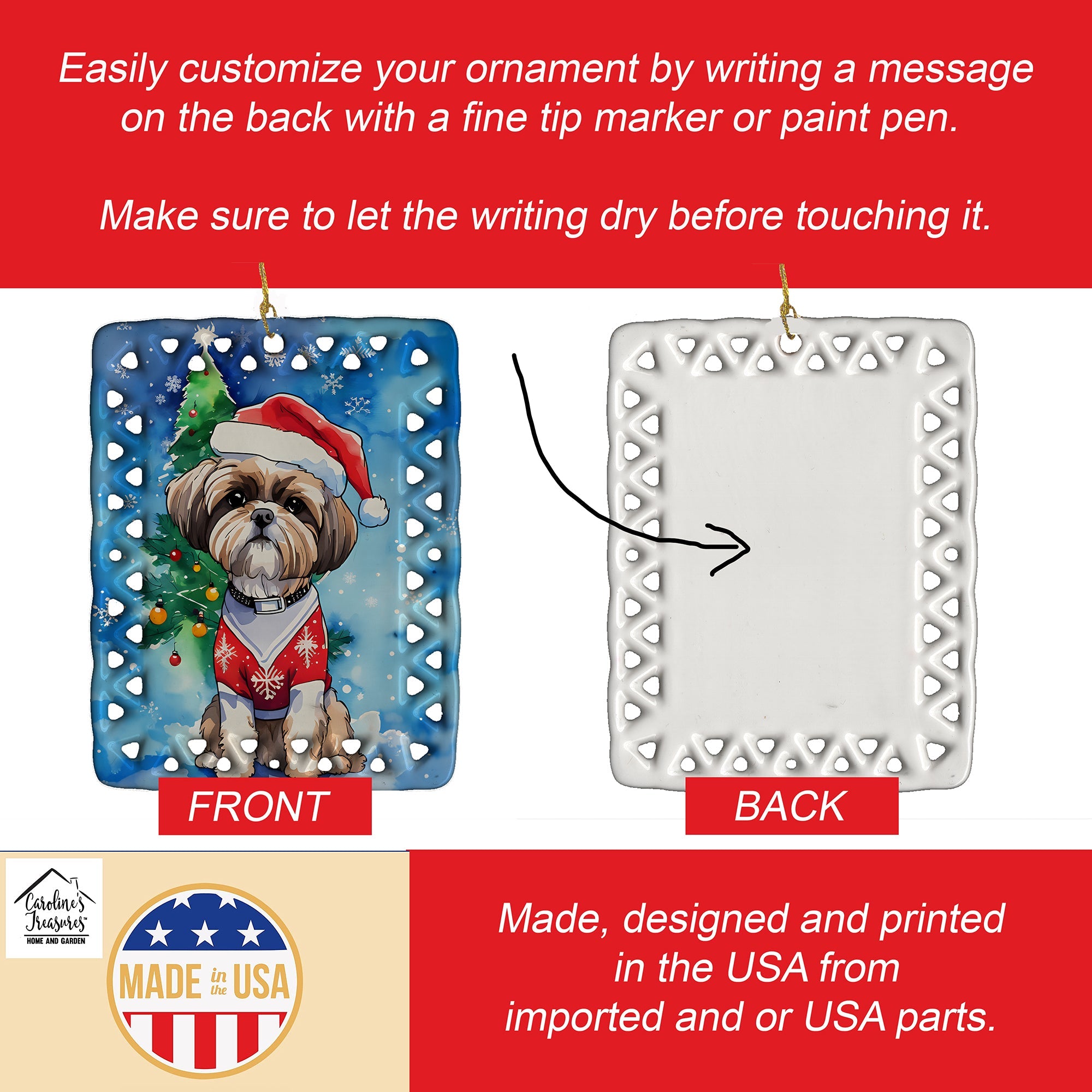 Shih Tzu Christmas Porcelain Ornament Christmas Tree Hanging Decorations for Home Christmas Holiday, Rectangle, Gift, Multicolor