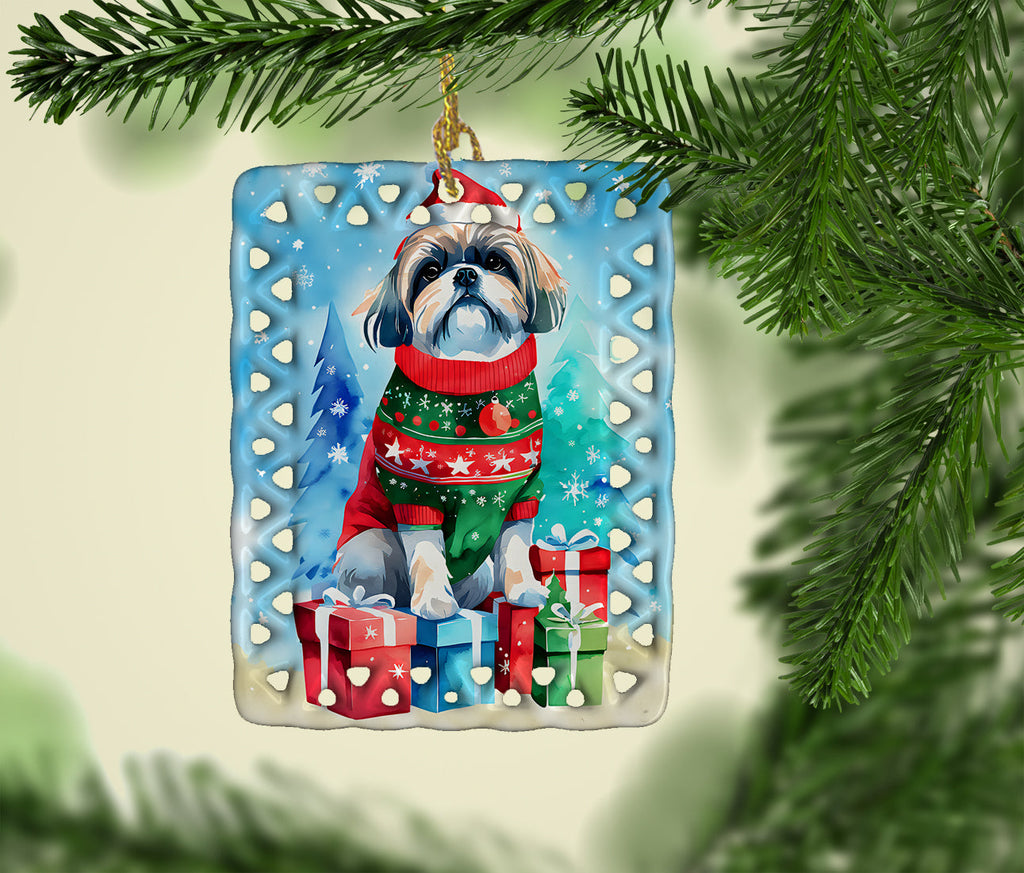 Shih Tzu Christmas Porcelain Ornament Christmas Tree Hanging Decorations for Home Christmas Holiday, Rectangle, Gift, Multicolor