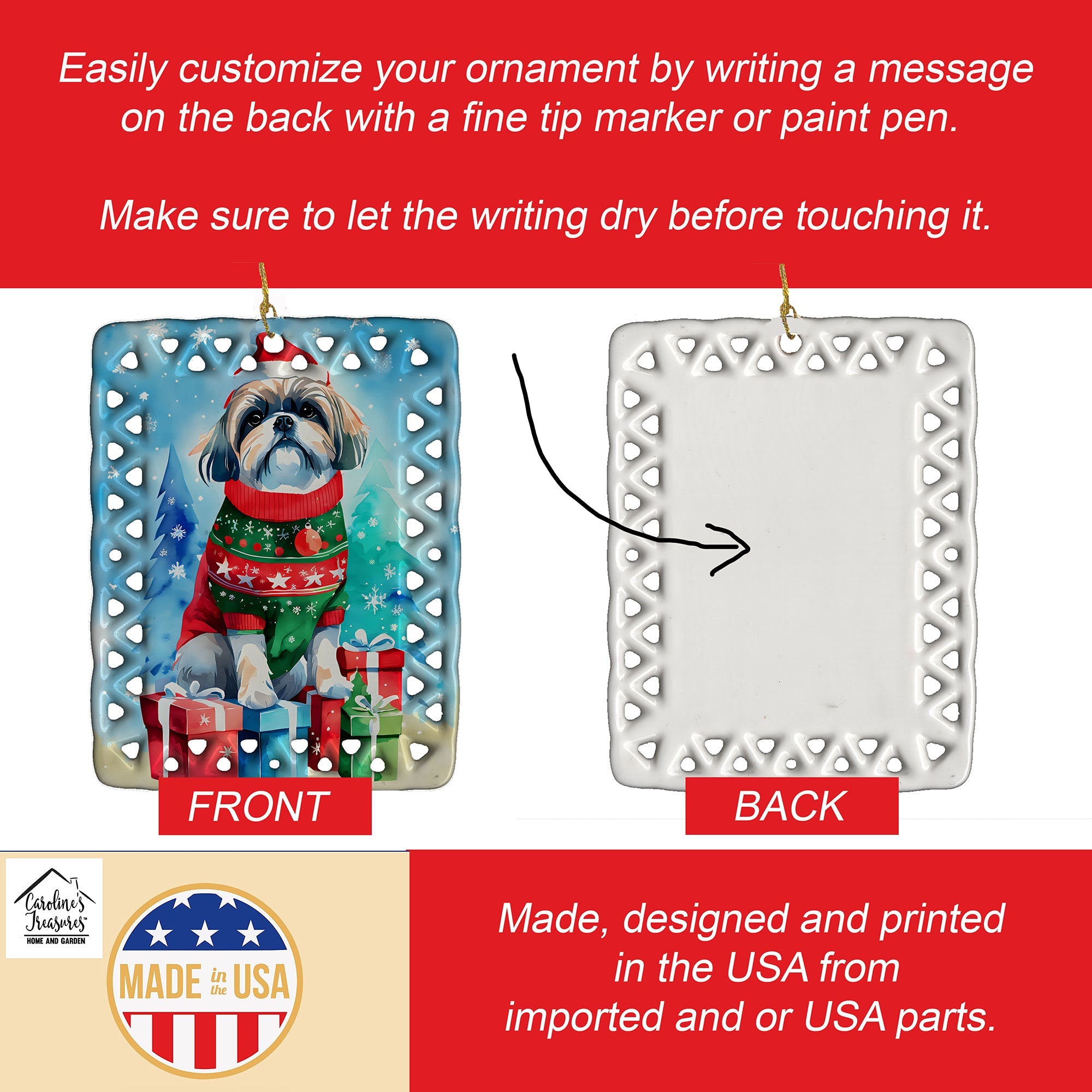 Shih Tzu Christmas Porcelain Ornament Christmas Tree Hanging Decorations for Home Christmas Holiday, Rectangle, Gift, Multicolor