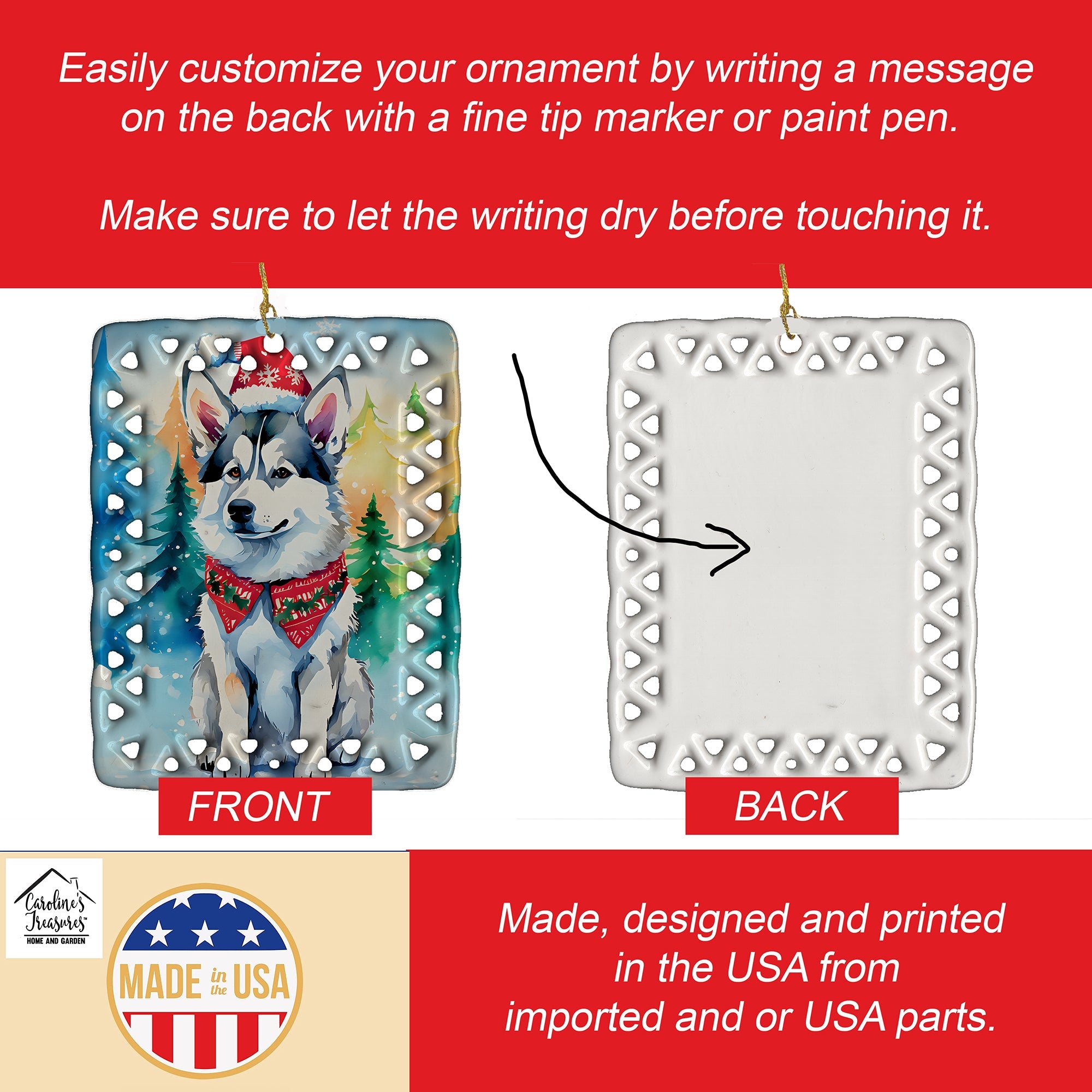 Siberian Husky Christmas Porcelain Ornament Christmas Tree Hanging Decorations for Home Christmas Holiday, Rectangle, Gift, Multicolor