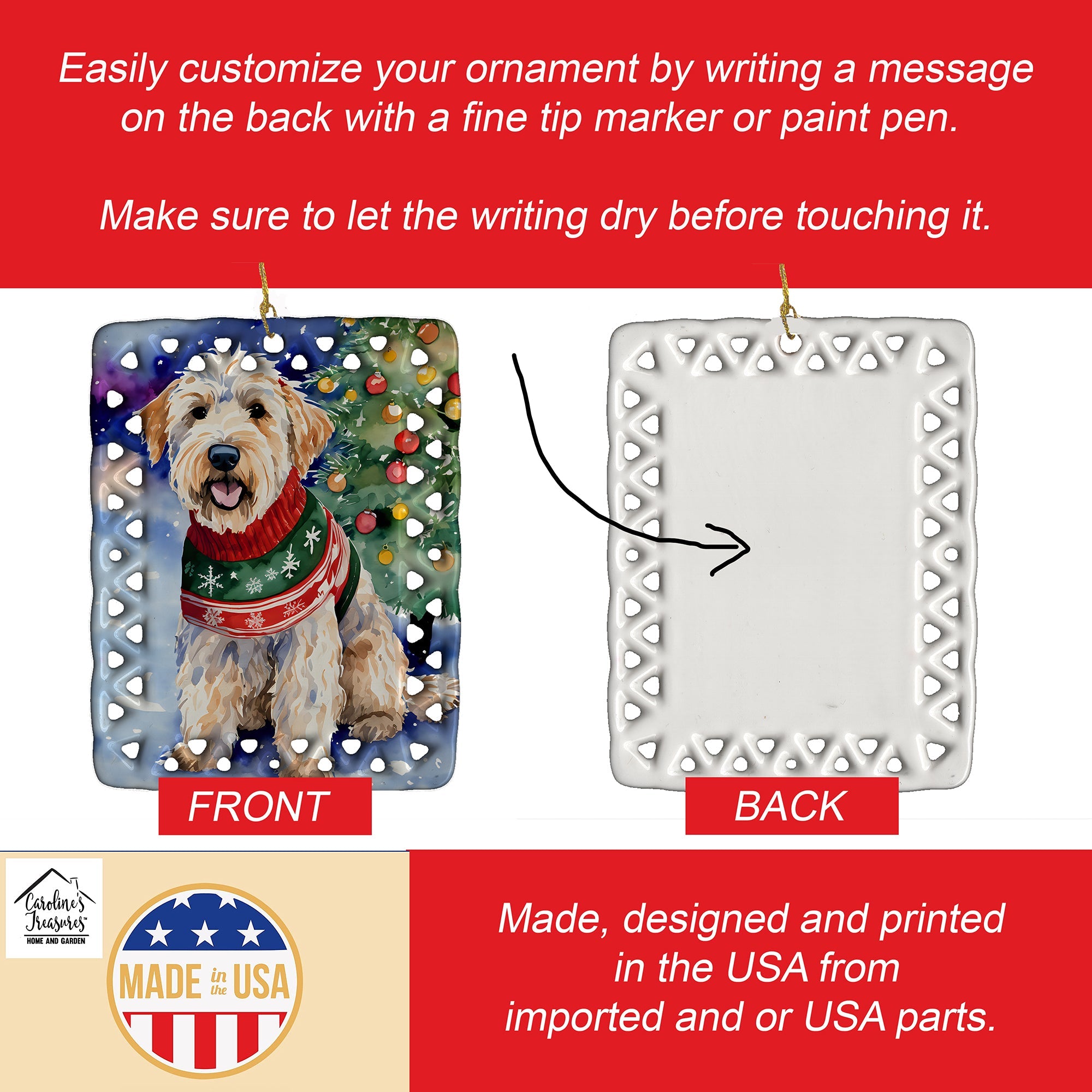 Wheaten Terrier Christmas Porcelain Ornament Christmas Tree Hanging Decorations for Home Christmas Holiday, Rectangle, Gift, Multicolor