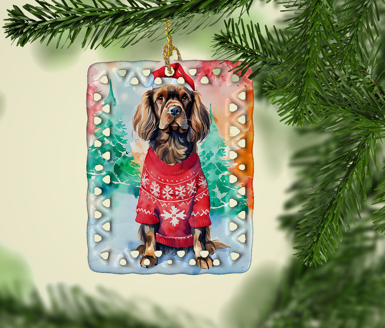 Sussex Spaniel Christmas Porcelain Ornament Christmas Tree Hanging Decorations for Home Christmas Holiday, Rectangle, Gift, Multicolor