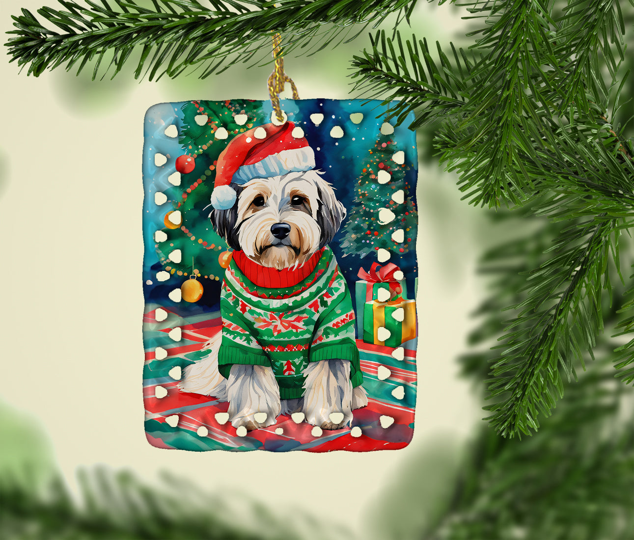 Tibetan Terrier Christmas Porcelain Ornament Christmas Tree Hanging Decorations for Home Christmas Holiday, Rectangle, Gift, Multicolor