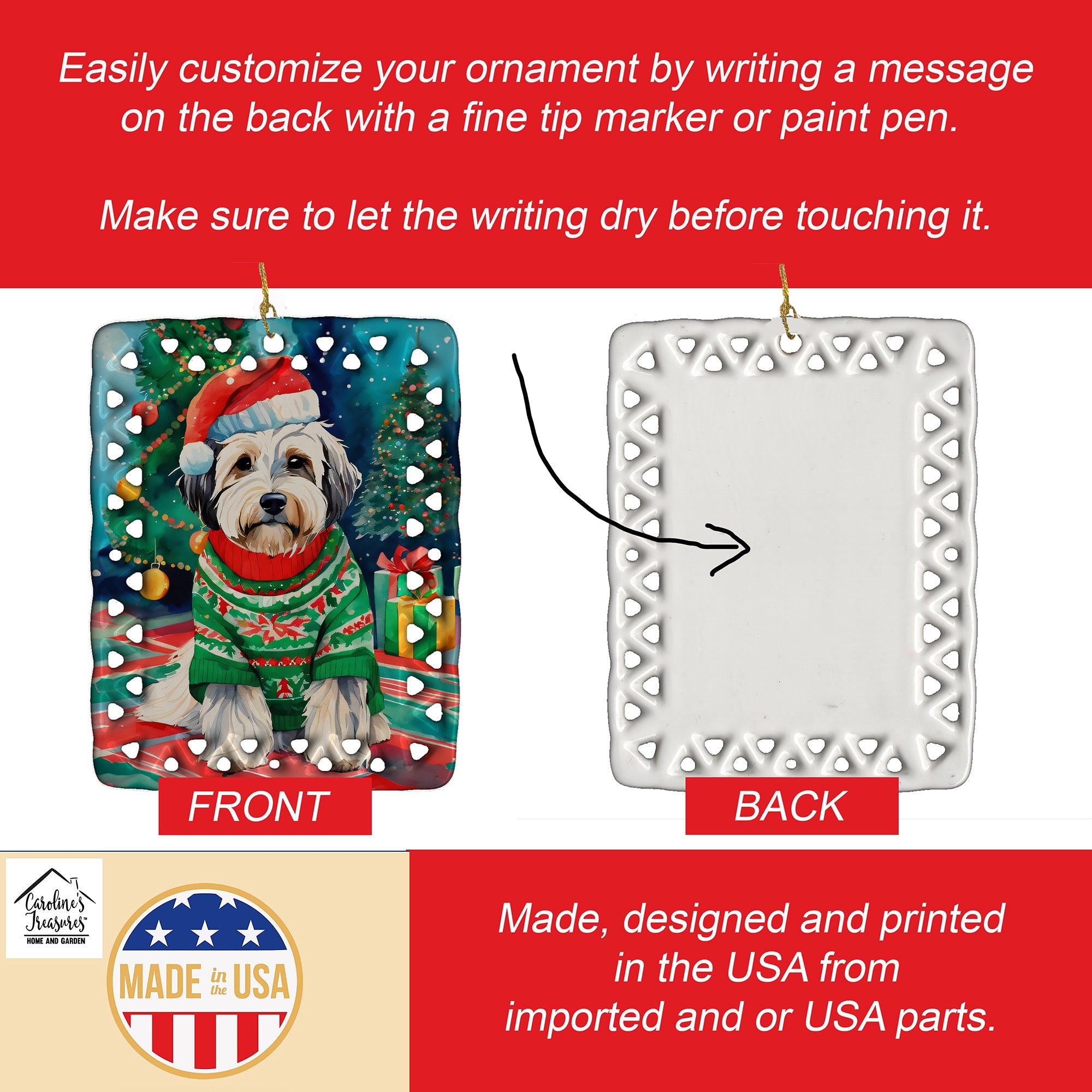 Tibetan Terrier Christmas Porcelain Ornament Christmas Tree Hanging Decorations for Home Christmas Holiday, Rectangle, Gift, Multicolor