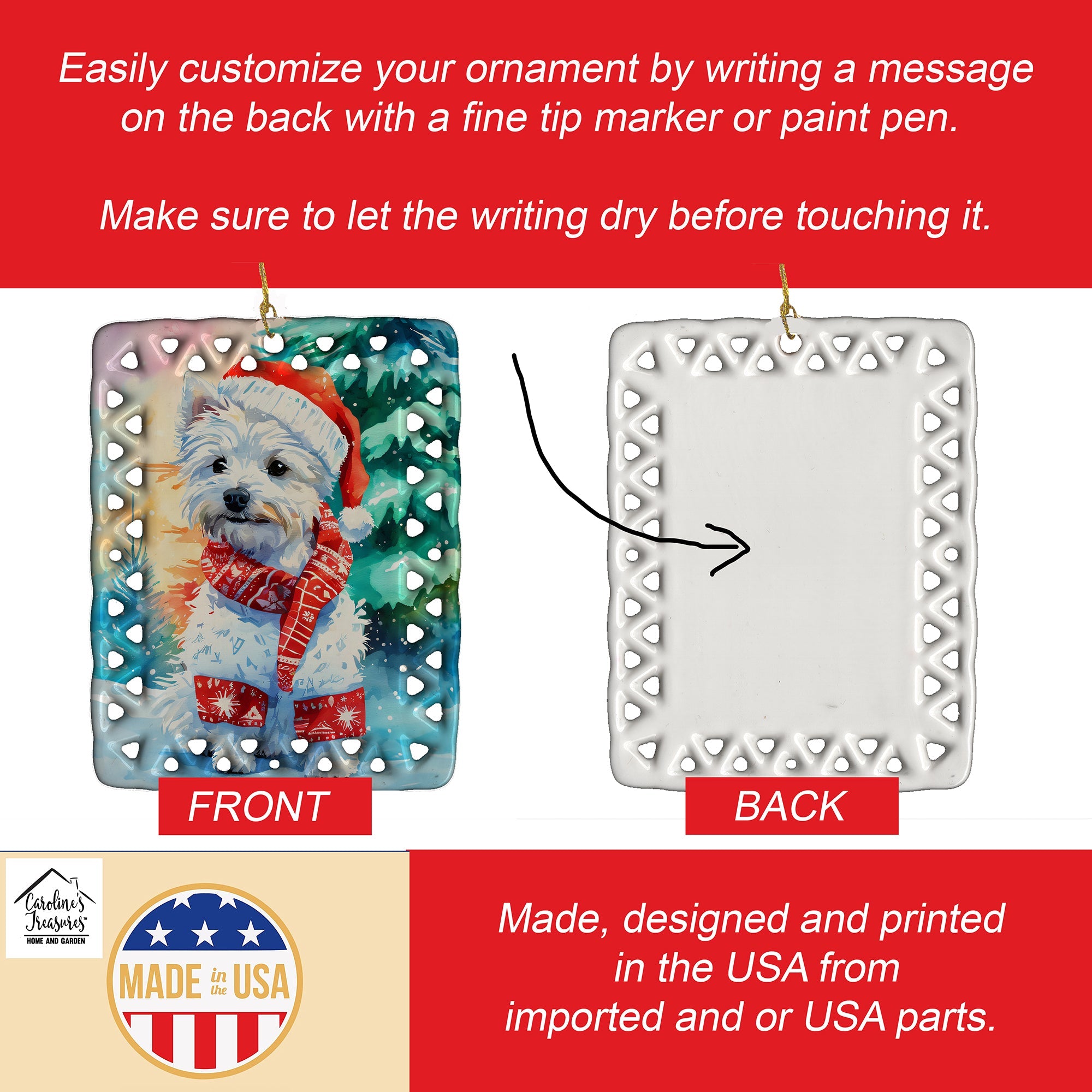 Westie Christmas Porcelain Ornament Christmas Tree Hanging Decorations for Home Christmas Holiday, Rectangle, Gift, Multicolor