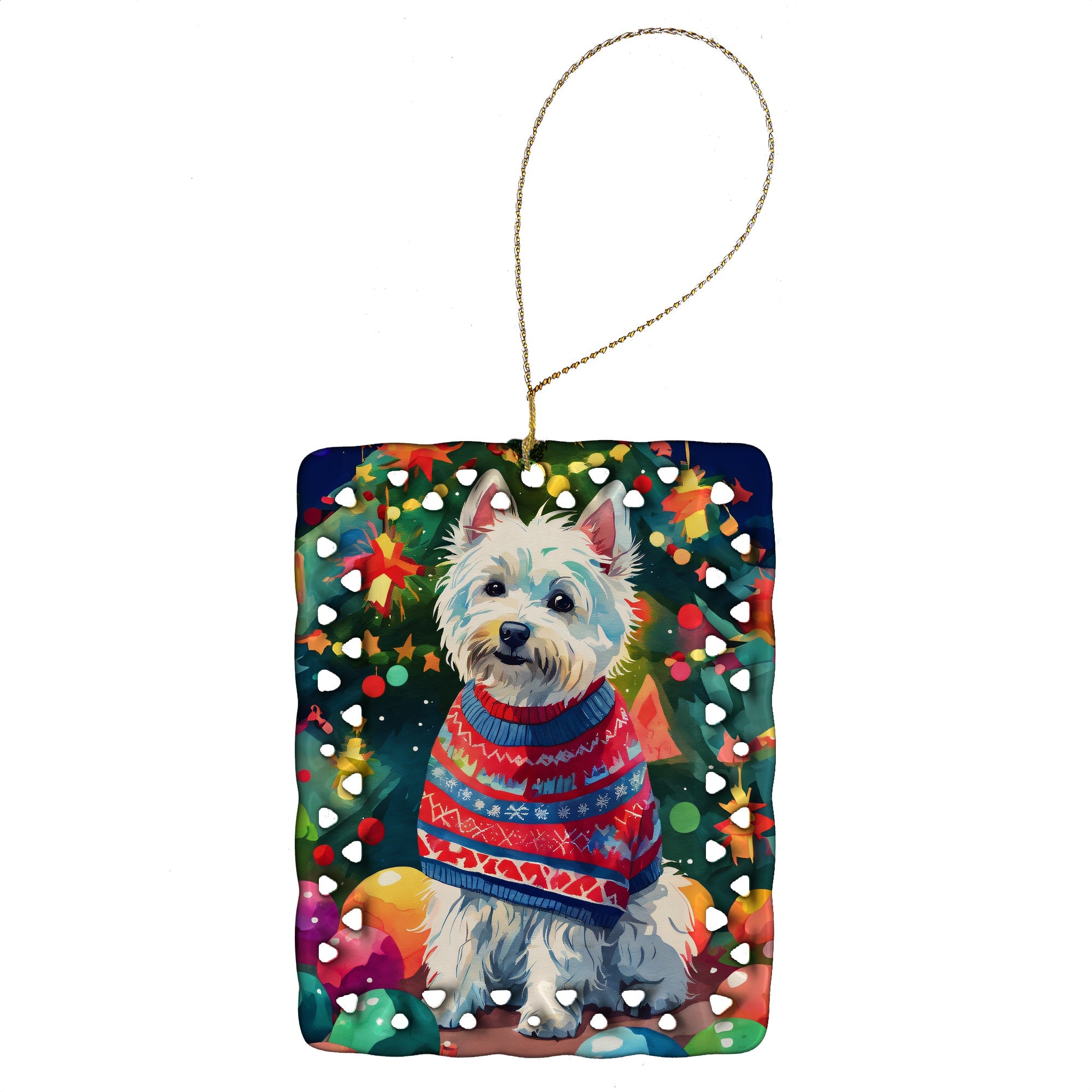 Westie Christmas Porcelain Ornament Christmas Tree Hanging Decorations for Home Christmas Holiday, Rectangle, Gift, Multicolor