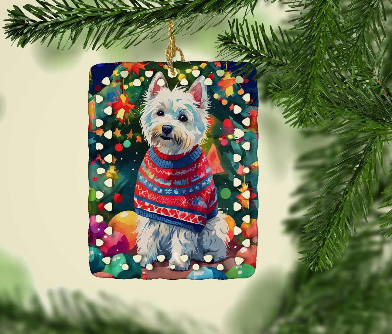 Westie Christmas Porcelain Ornament Christmas Tree Hanging Decorations for Home Christmas Holiday, Rectangle, Gift, Multicolor