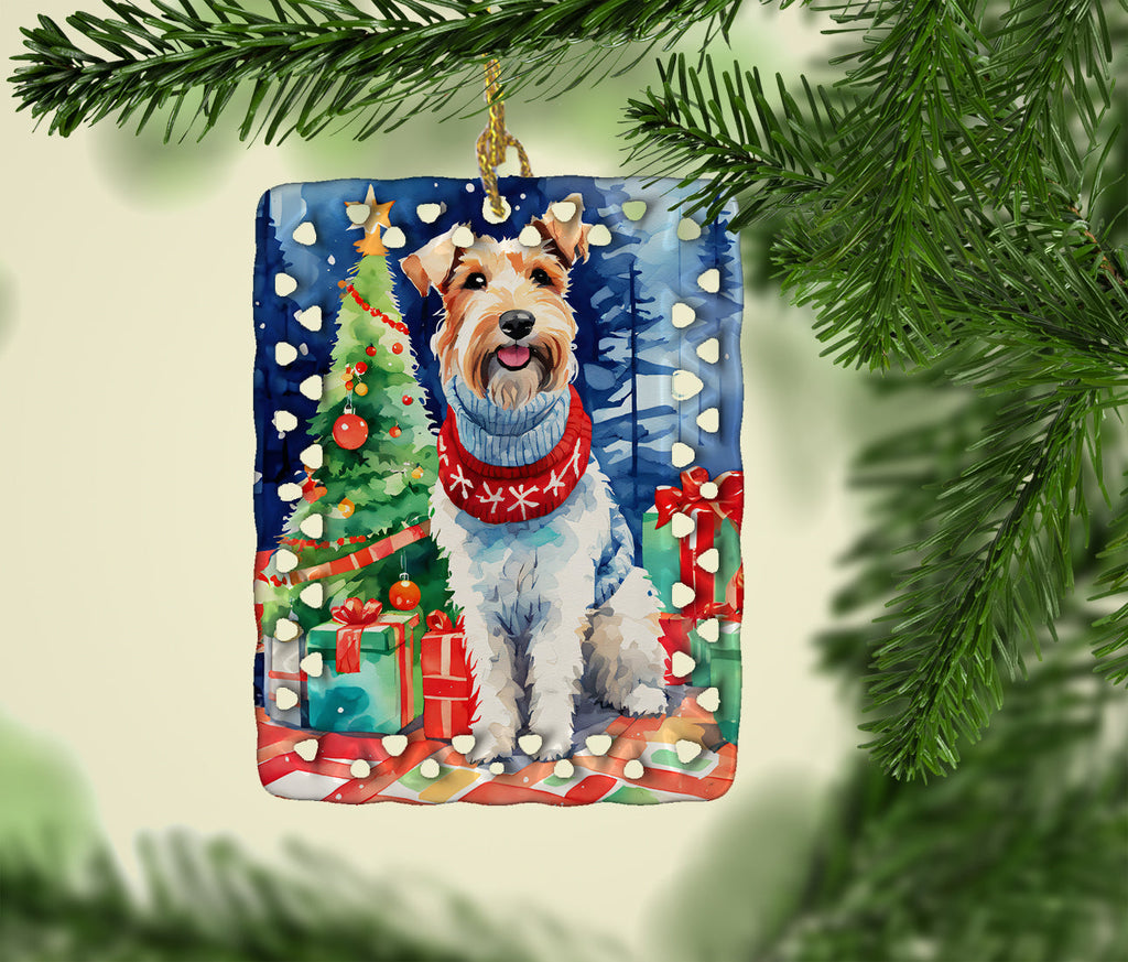 Wire Fox Terrier Christmas Porcelain Ornament Christmas Tree Hanging Decorations for Home Christmas Holiday, Rectangle, Gift, Multicolor