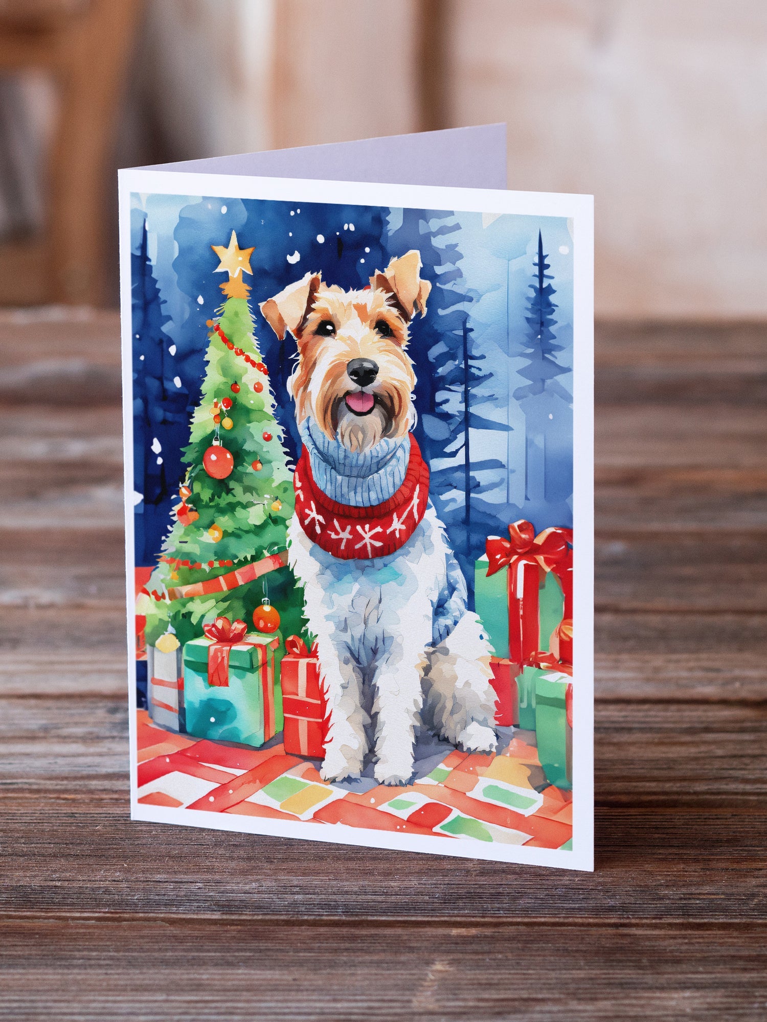 Wire Fox Terrier Christmas Greeting Cards Pack of 8 Blank Cards with Envelopes Whimsical A7 Size 5x7