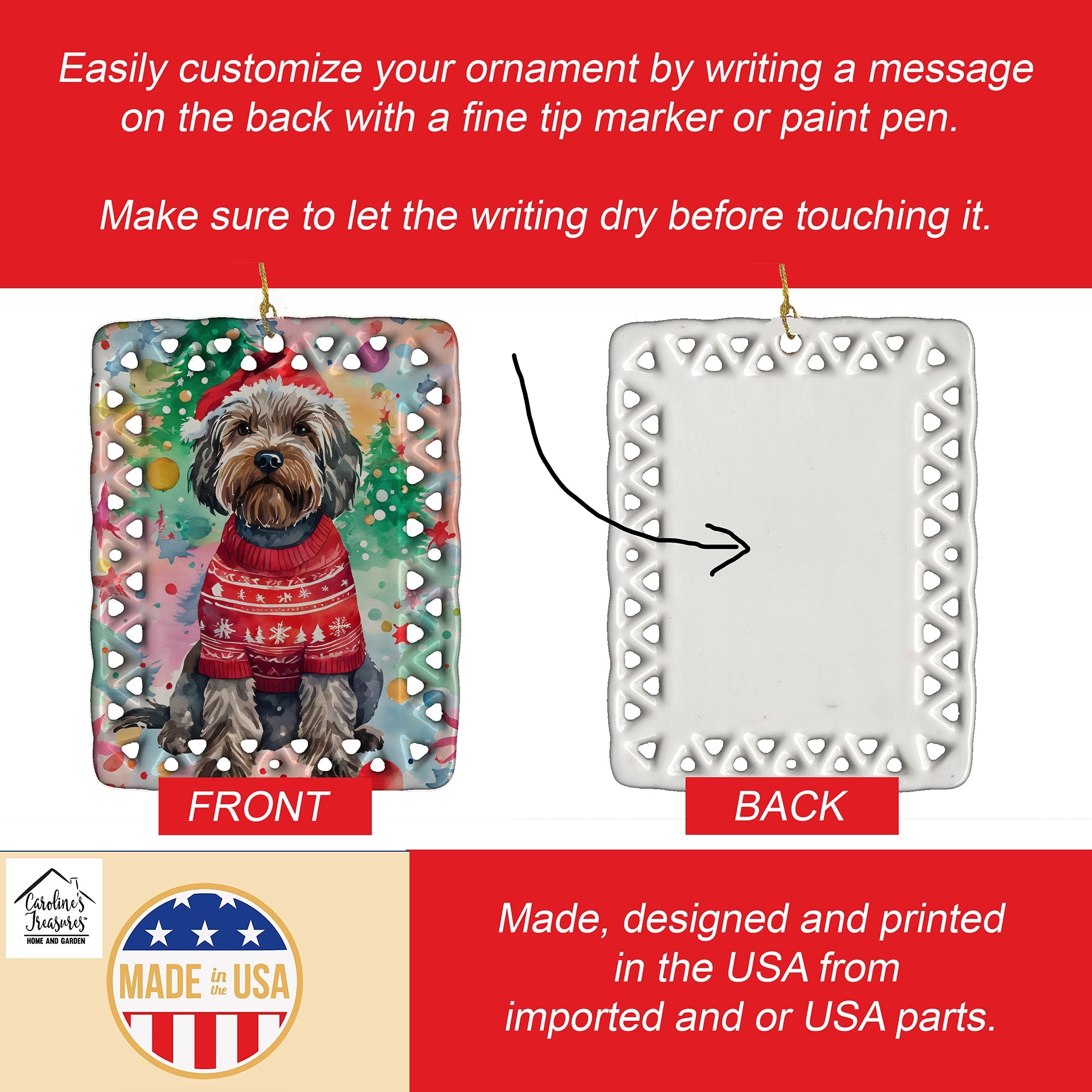 Wirehaired Pointing Griffon Christmas Porcelain Ornament Christmas Tree Hanging Decorations for Home Christmas Holiday, Rectangle, Gift, Multicolor