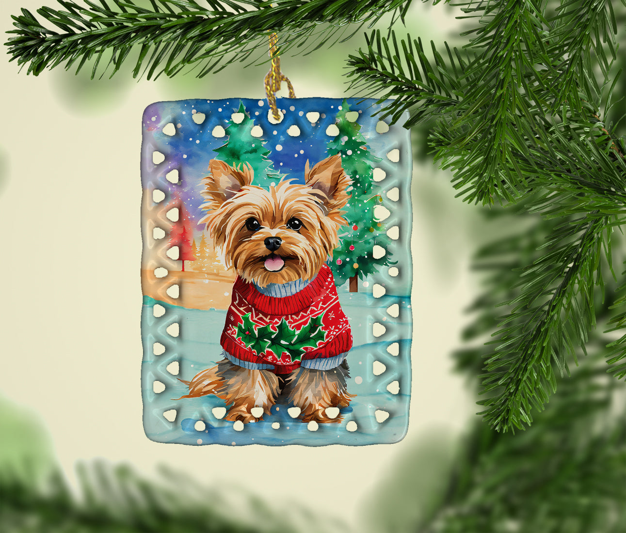 Yorkshire Terrier Yorkie Christmas Porcelain Ornament Christmas Tree Hanging Decorations for Home Christmas Holiday, Rectangle, Gift, Multicolor