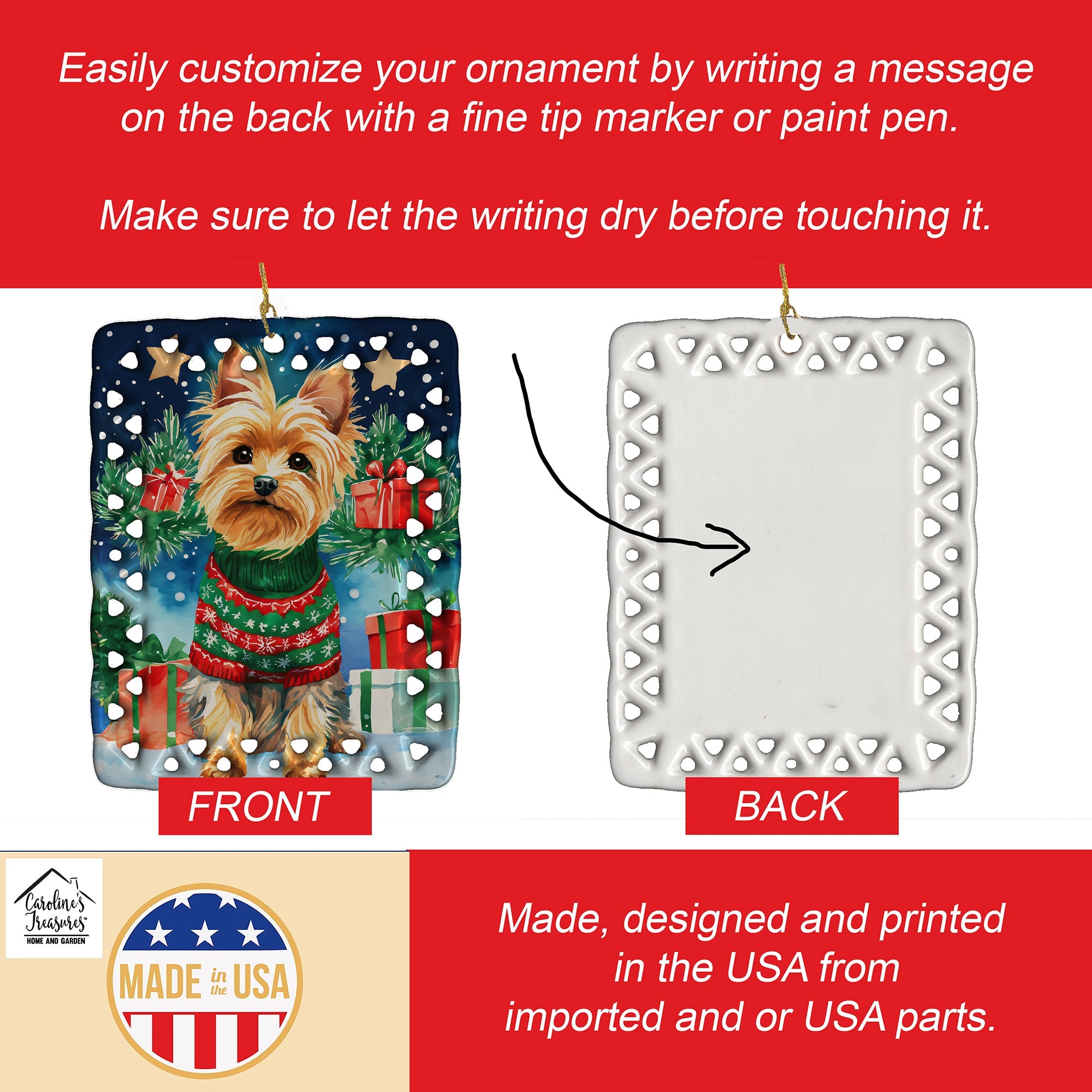 Yorkshire Terrier Yorkie Christmas Porcelain Ornament Christmas Tree Hanging Decorations for Home Christmas Holiday, Rectangle, Gift, Multicolor