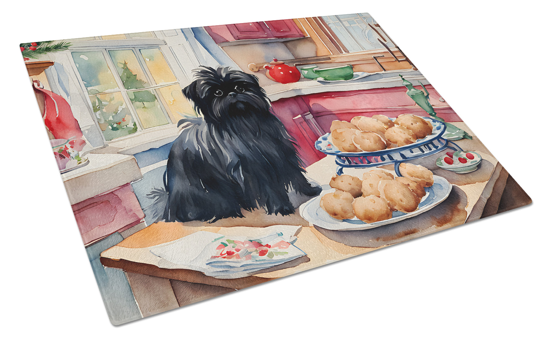 Affenpinscher Christmas Cookies Cutting Board Tempered Glass Kitchen Cutting Surface, Heat Resistant Chopping, Non-Slip Feet, Food Prep & Serving