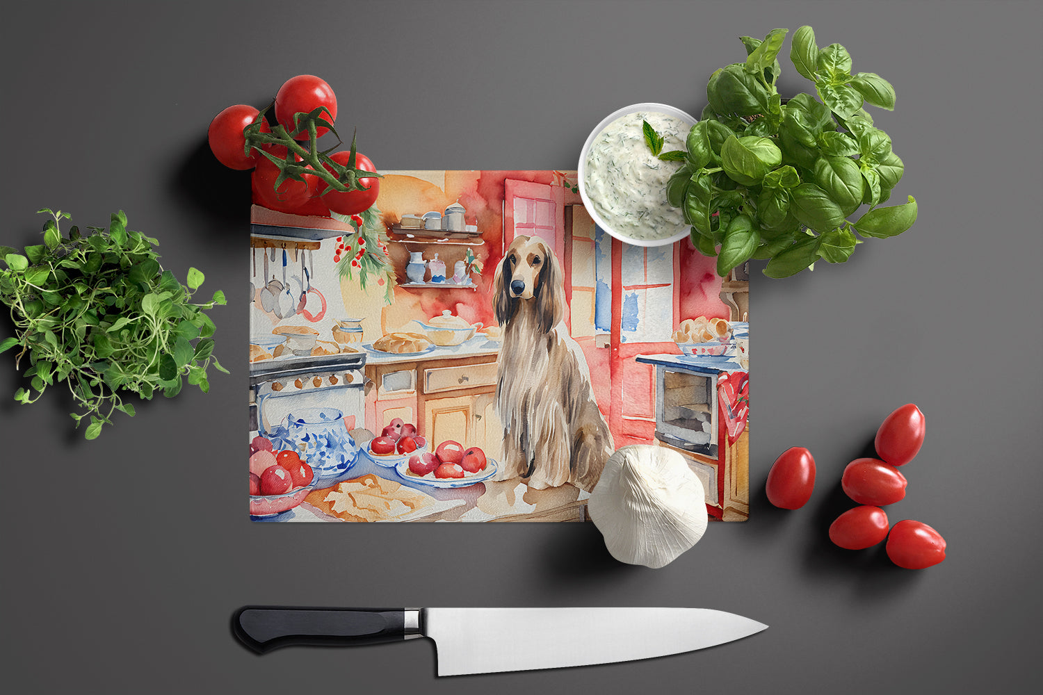 Afghan Hound Christmas Cookies Cutting Board Tempered Glass Kitchen Cutting Surface, Heat Resistant Chopping, Non-Slip Feet, Food Prep & Serving